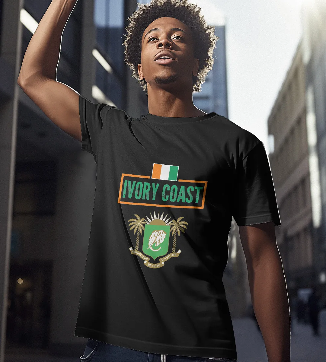 1sttheworld T-Shirt - Cote d'Ivoire Flag With Coat Of Arms T-Shirt Black A35