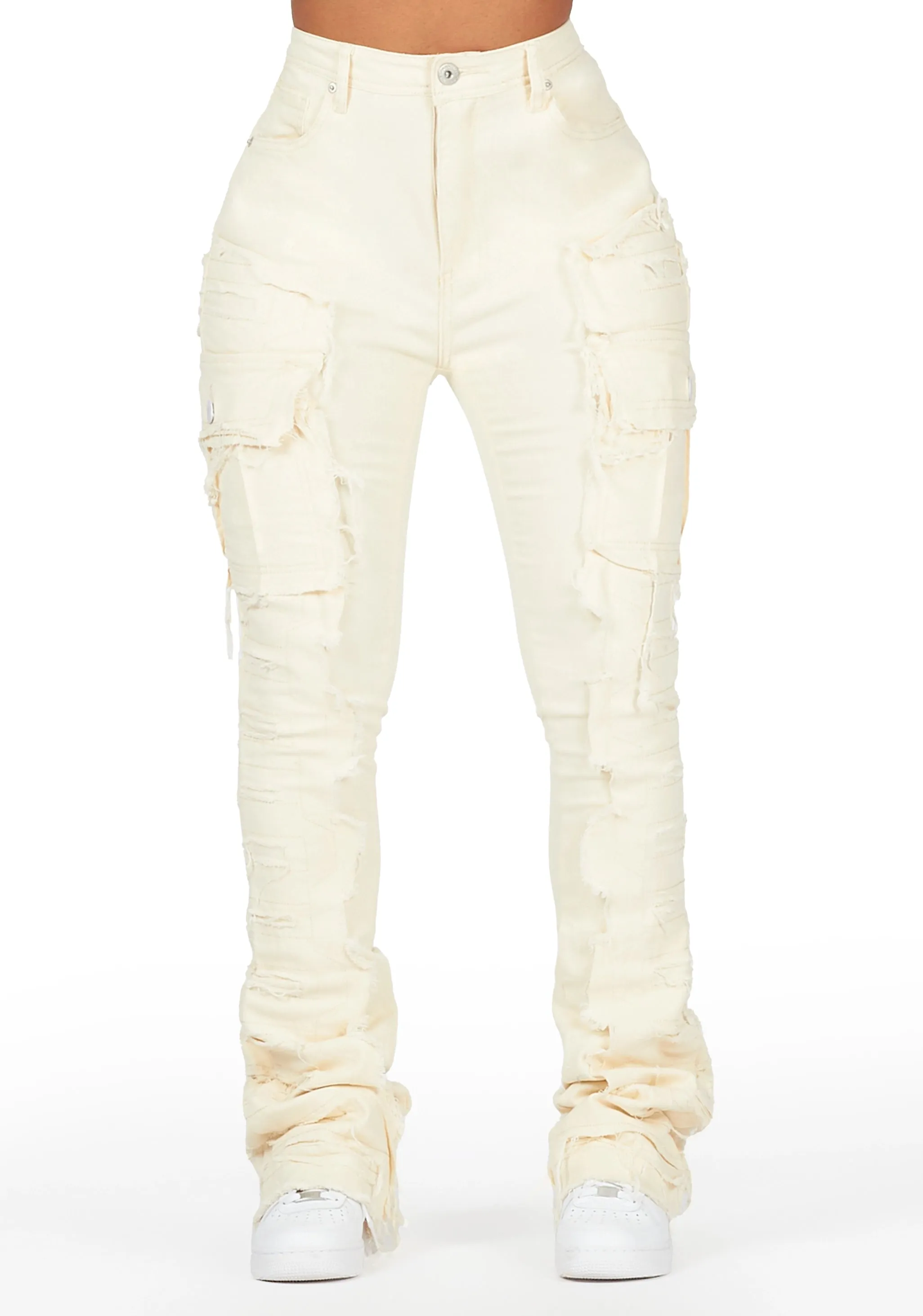 Aerial Beige Stacked Flare Jean