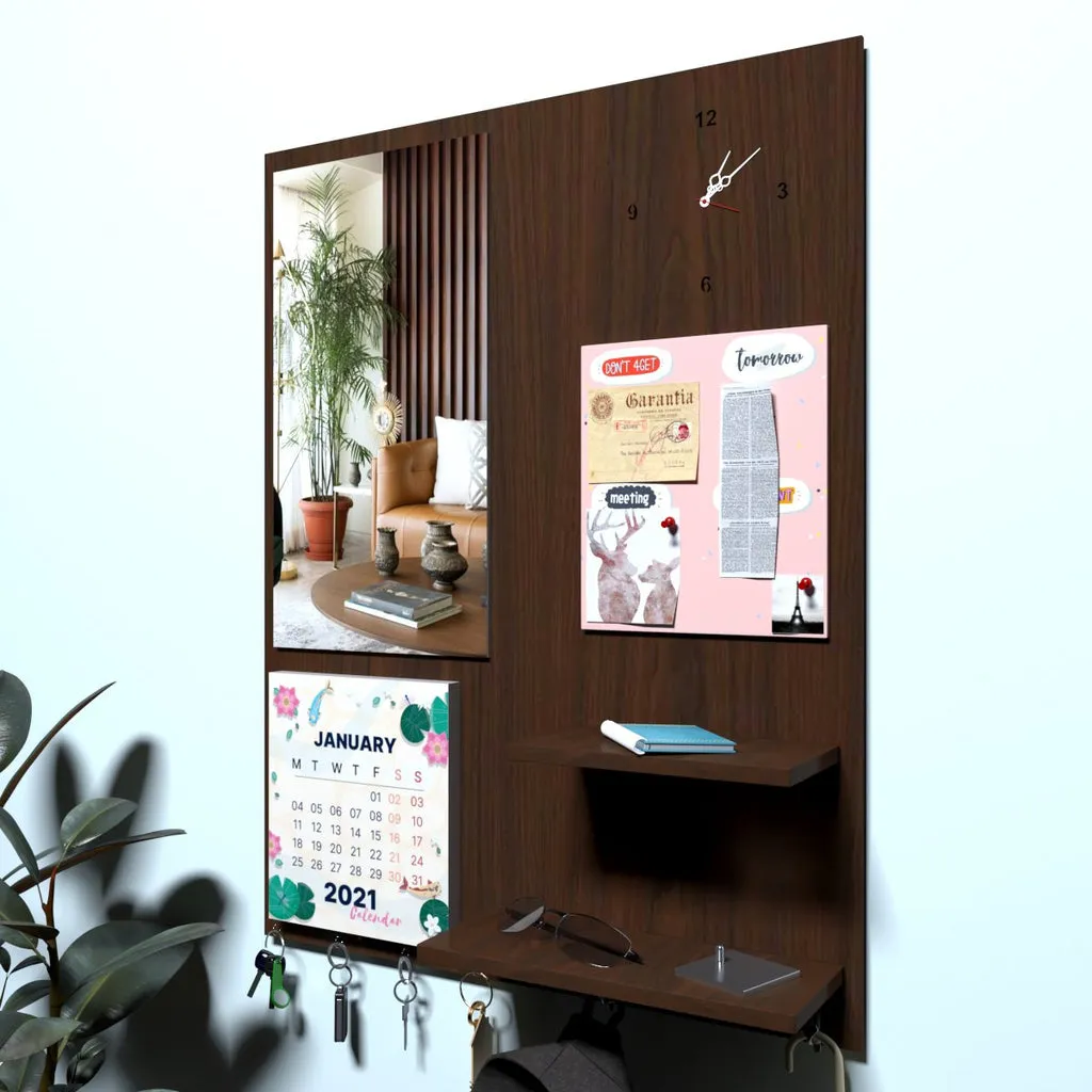 Beautiful "7 In One" Wooden Wall Organiser with Mirror, Key Holder, Coat Hangers, Pin Board, Clock, Calendar