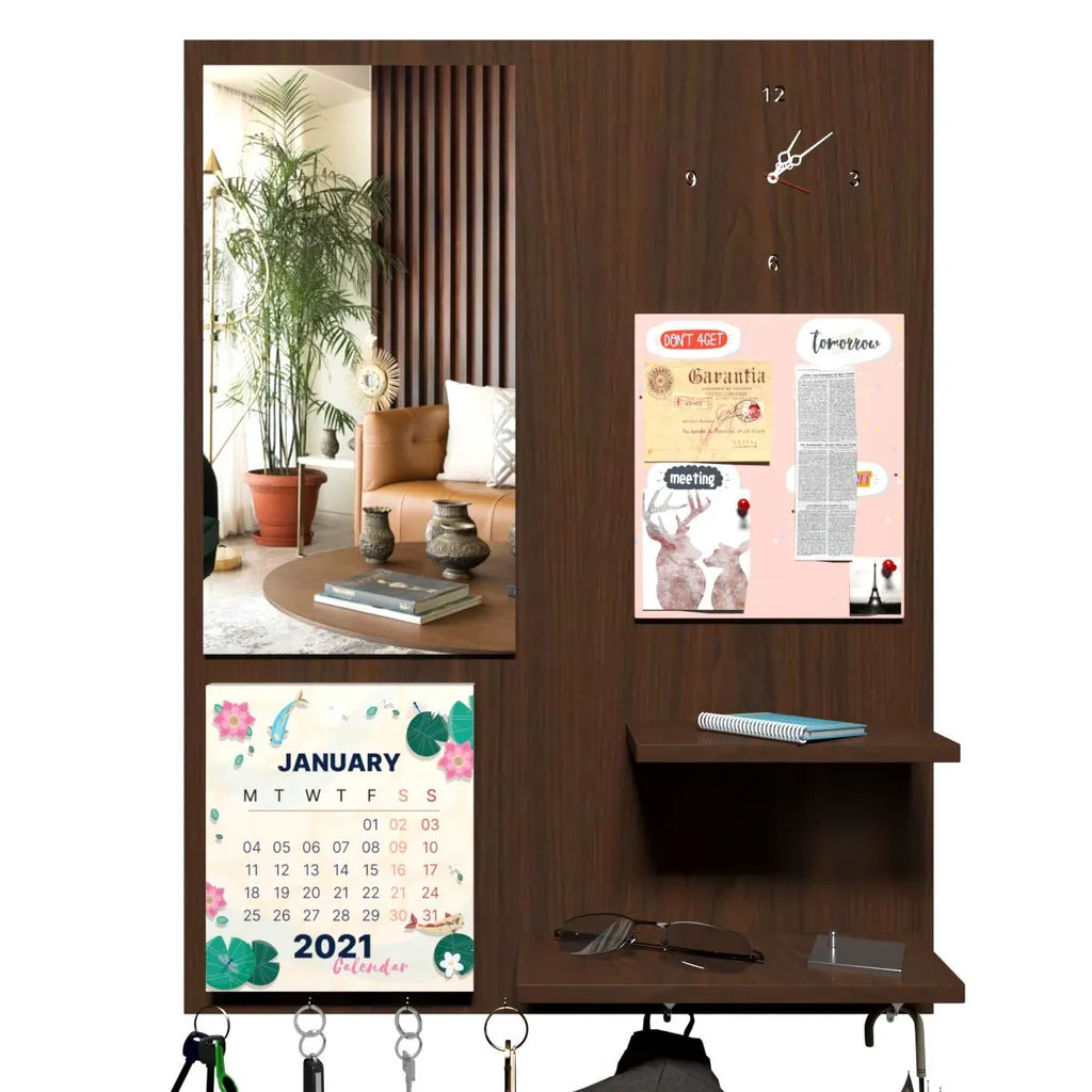 Beautiful "7 In One" Wooden Wall Organiser with Mirror, Key Holder, Coat Hangers, Pin Board, Clock, Calendar