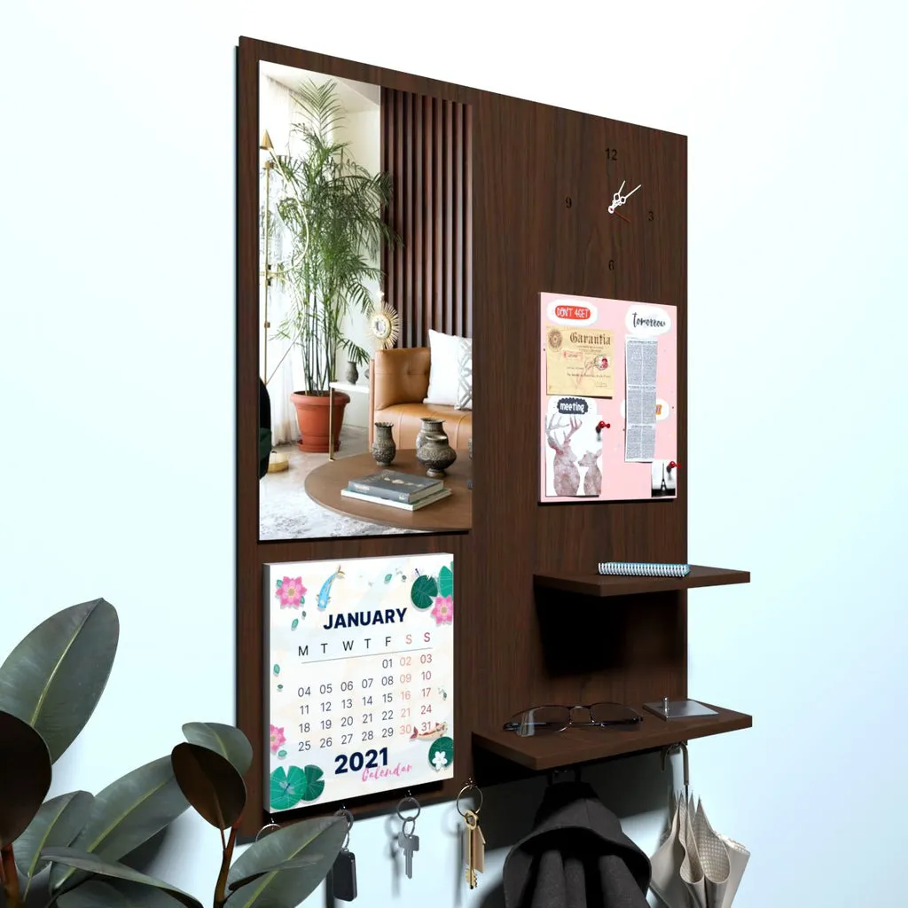 Beautiful "7 In One" Wooden Wall Organiser with Mirror, Key Holder, Coat Hangers, Pin Board, Clock, Calendar