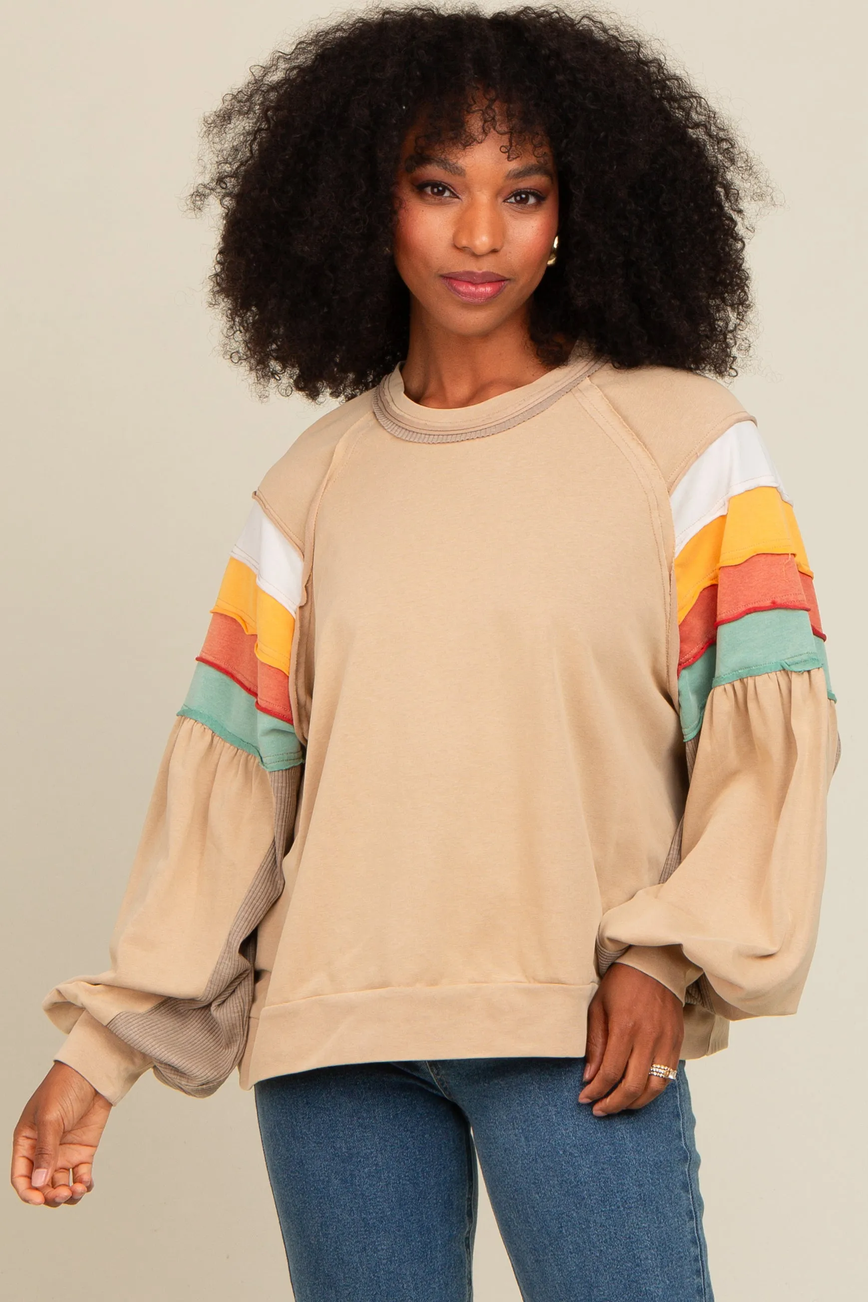 Beige Colorblock Bubble Sleeve Pullover