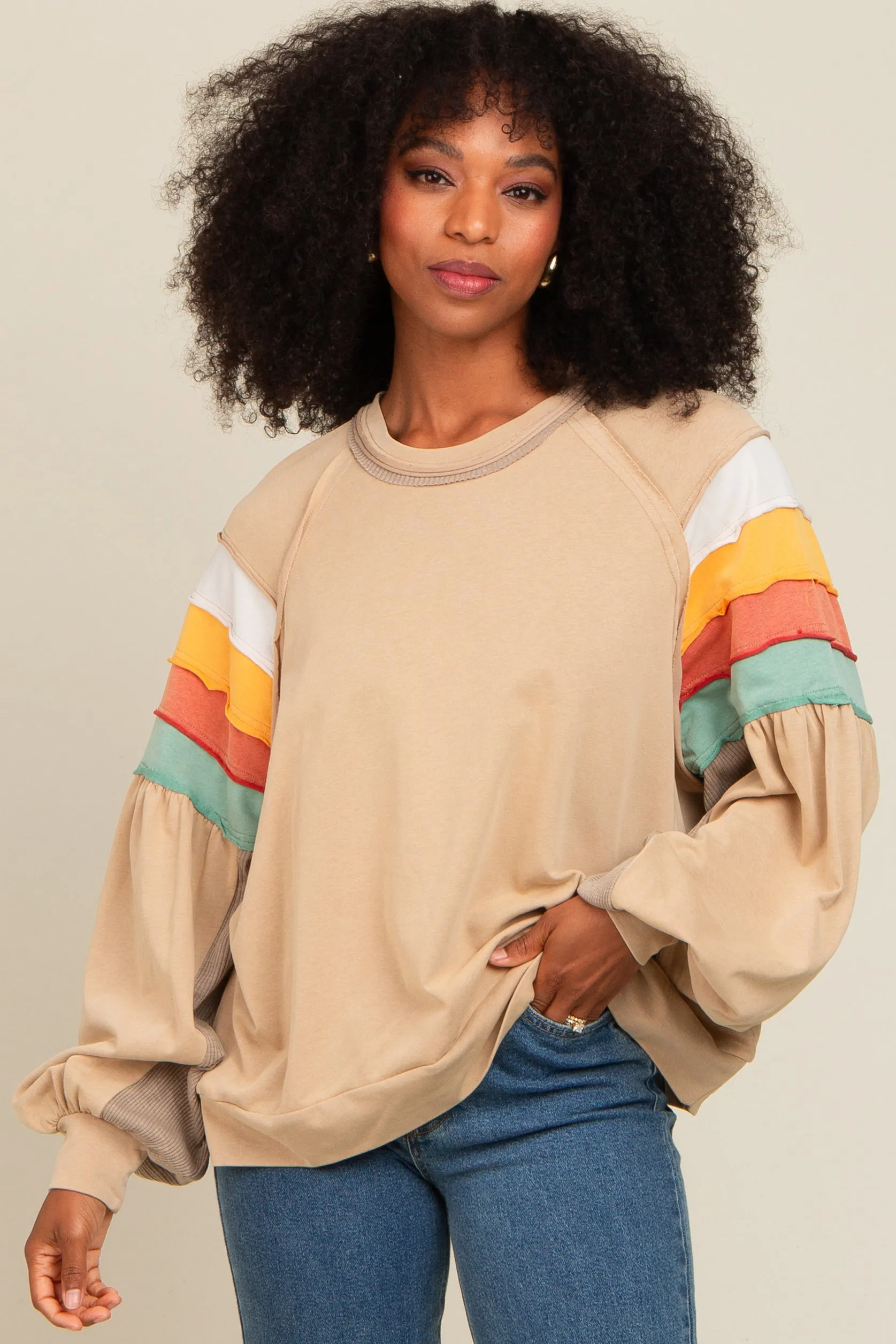 Beige Colorblock Bubble Sleeve Pullover