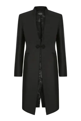 Black Dress Coat in Summer Brocade with Cord Trim and Frogging - Vicky