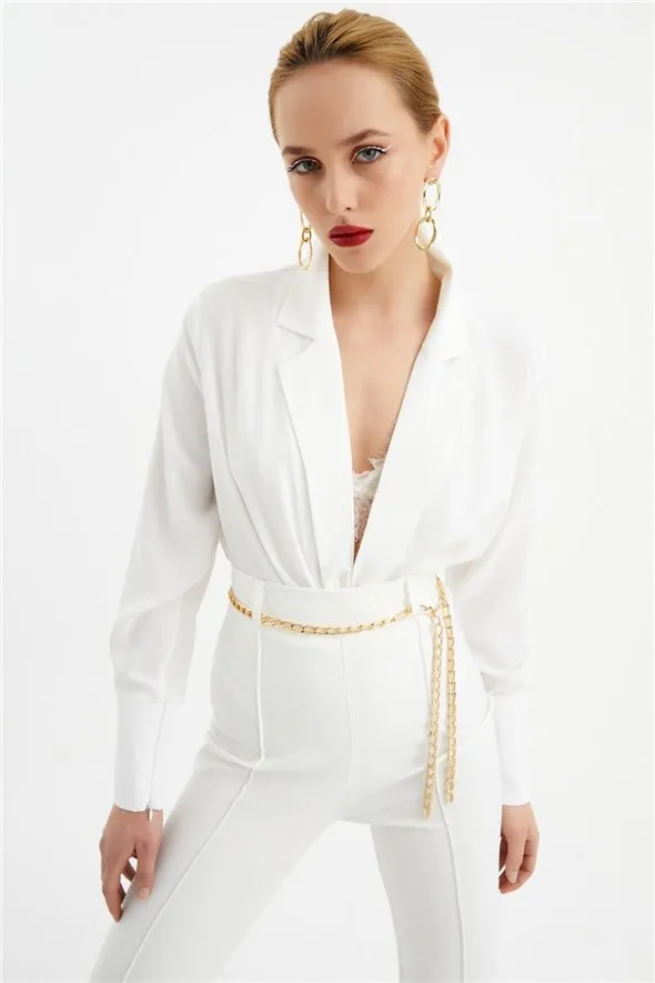 Collared Wrap Bodysuit - White