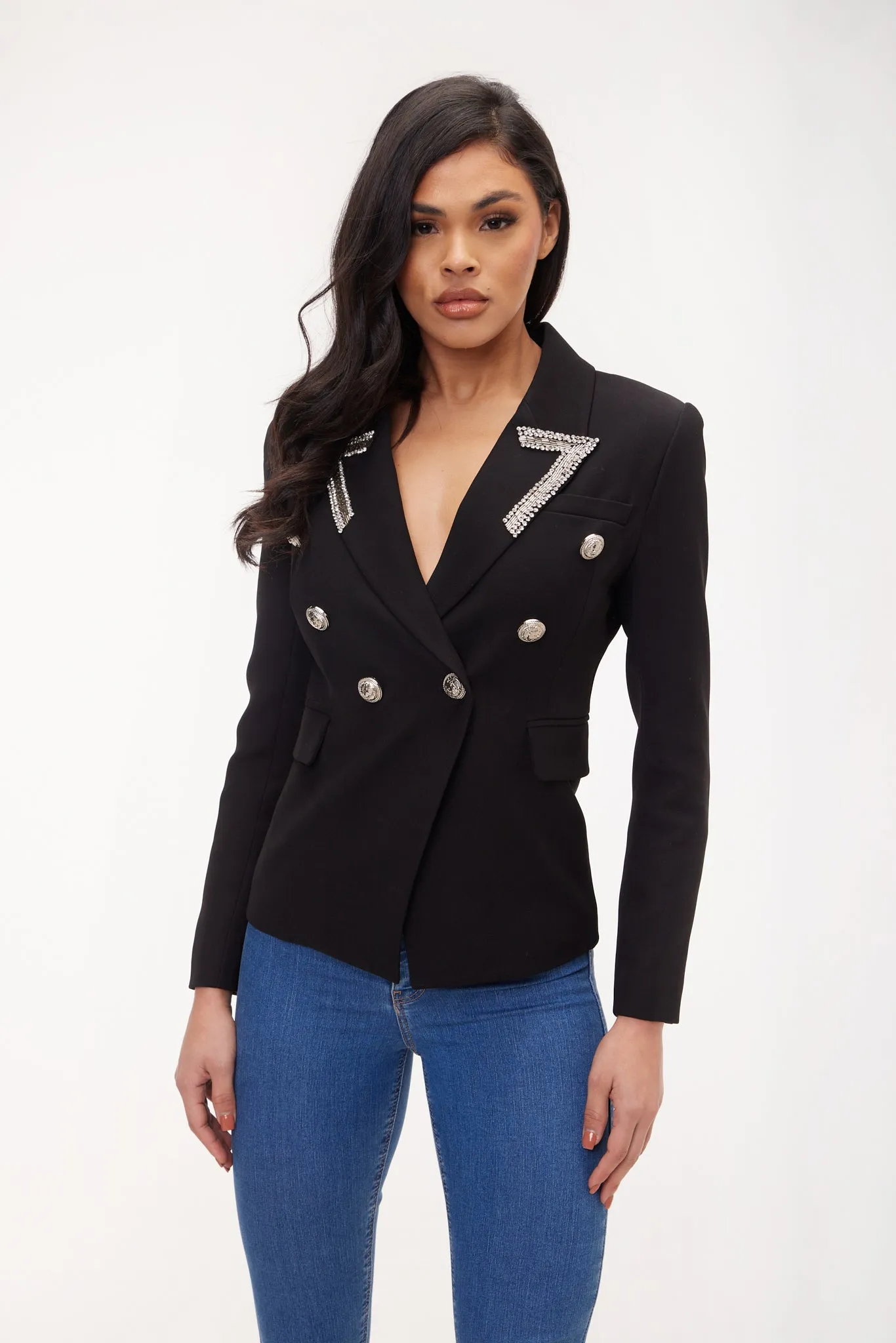 EMBELLISHED SILVER BUTTON BLAZER BLACK