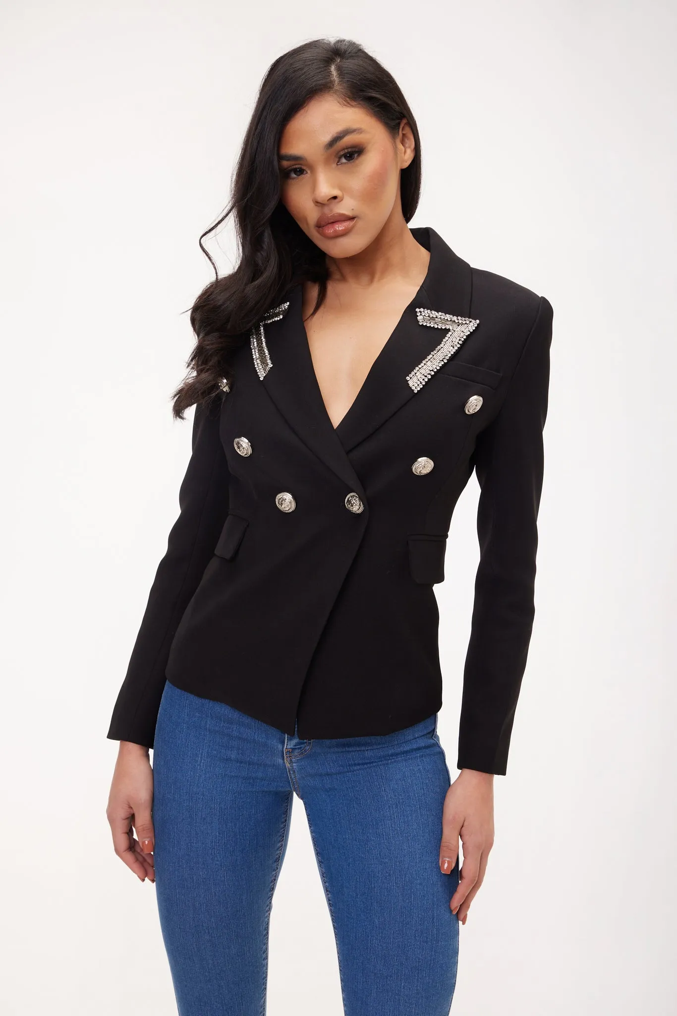 EMBELLISHED SILVER BUTTON BLAZER BLACK