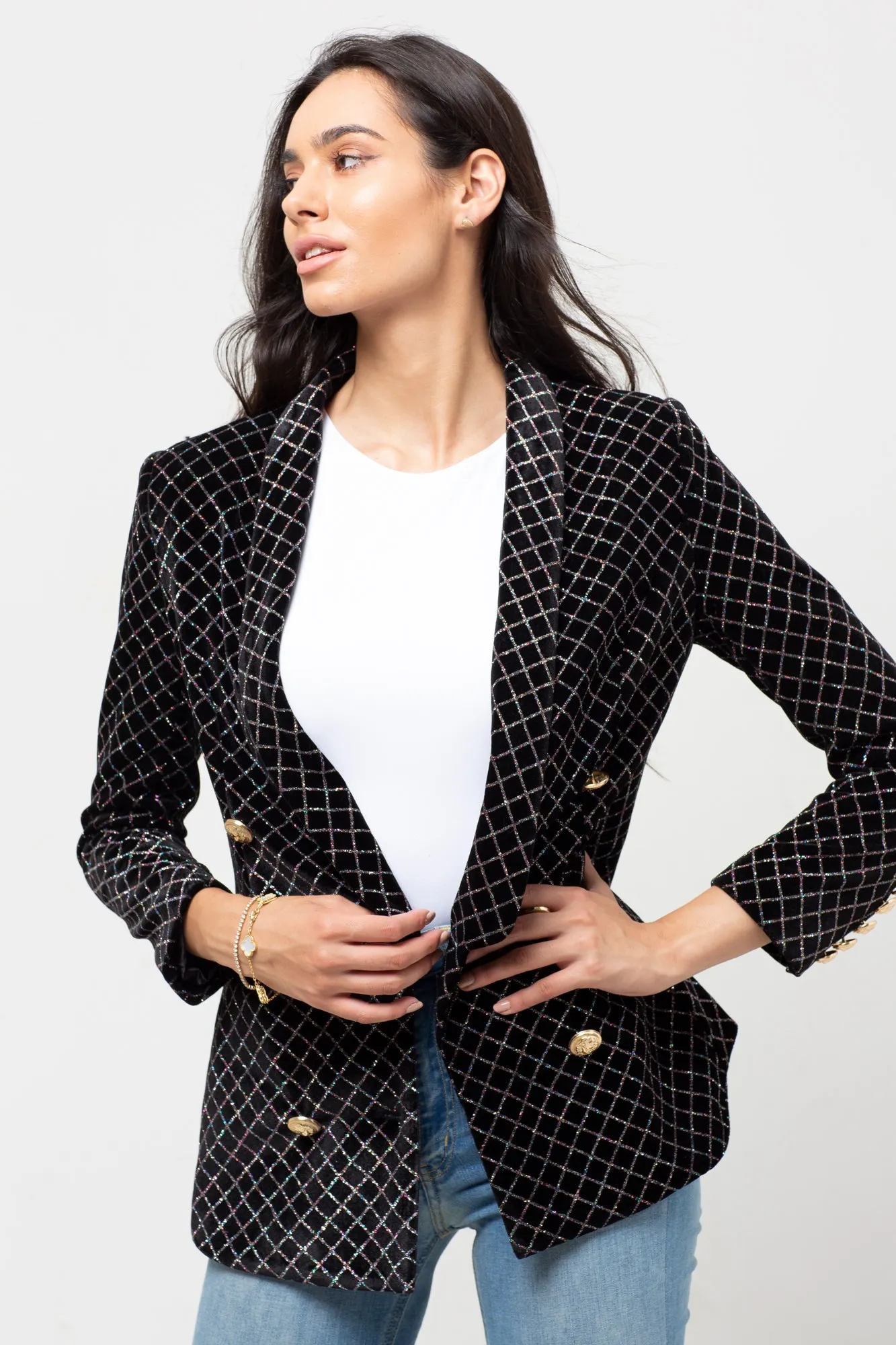 GLITTER VELVET GOLD BUTTON BLAZER BLACK