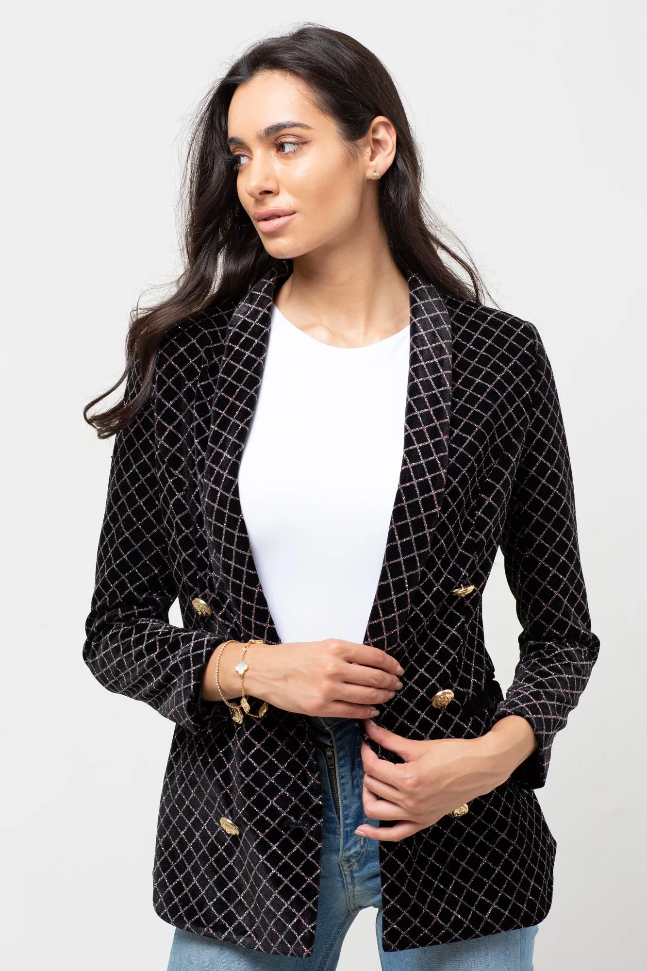 GLITTER VELVET GOLD BUTTON BLAZER BLACK