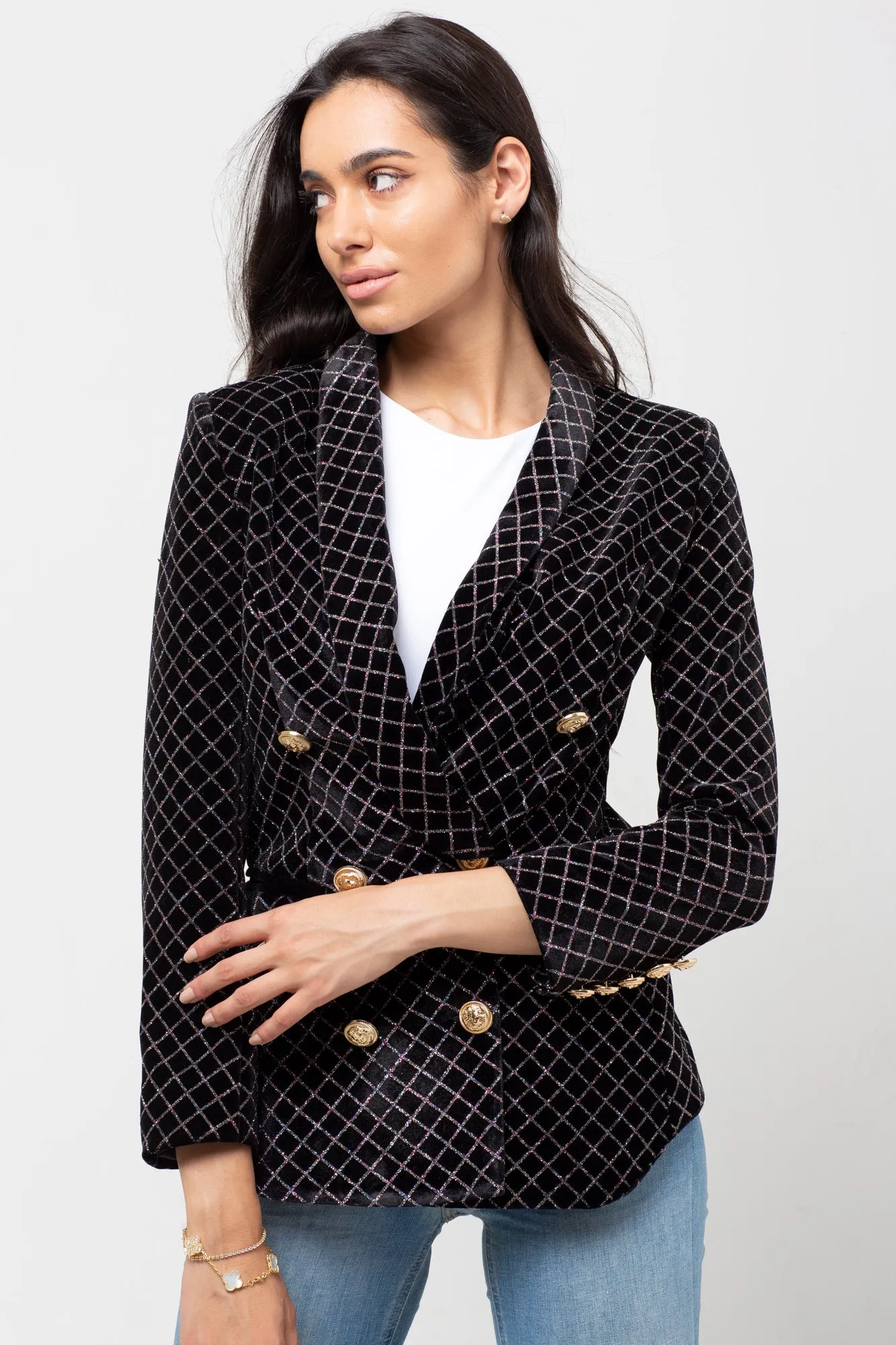 GLITTER VELVET GOLD BUTTON BLAZER BLACK