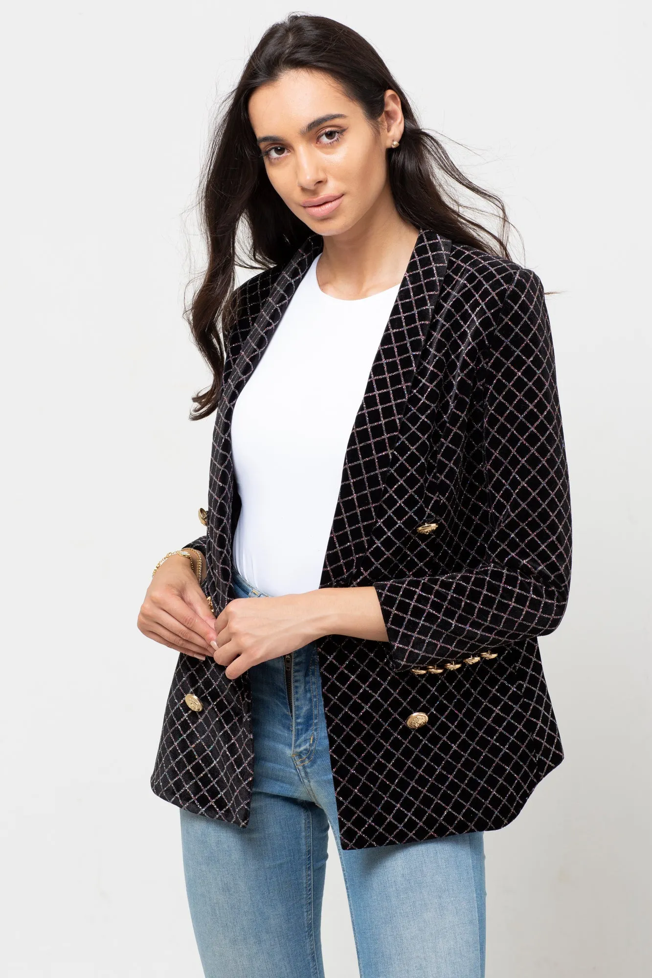 GLITTER VELVET GOLD BUTTON BLAZER BLACK