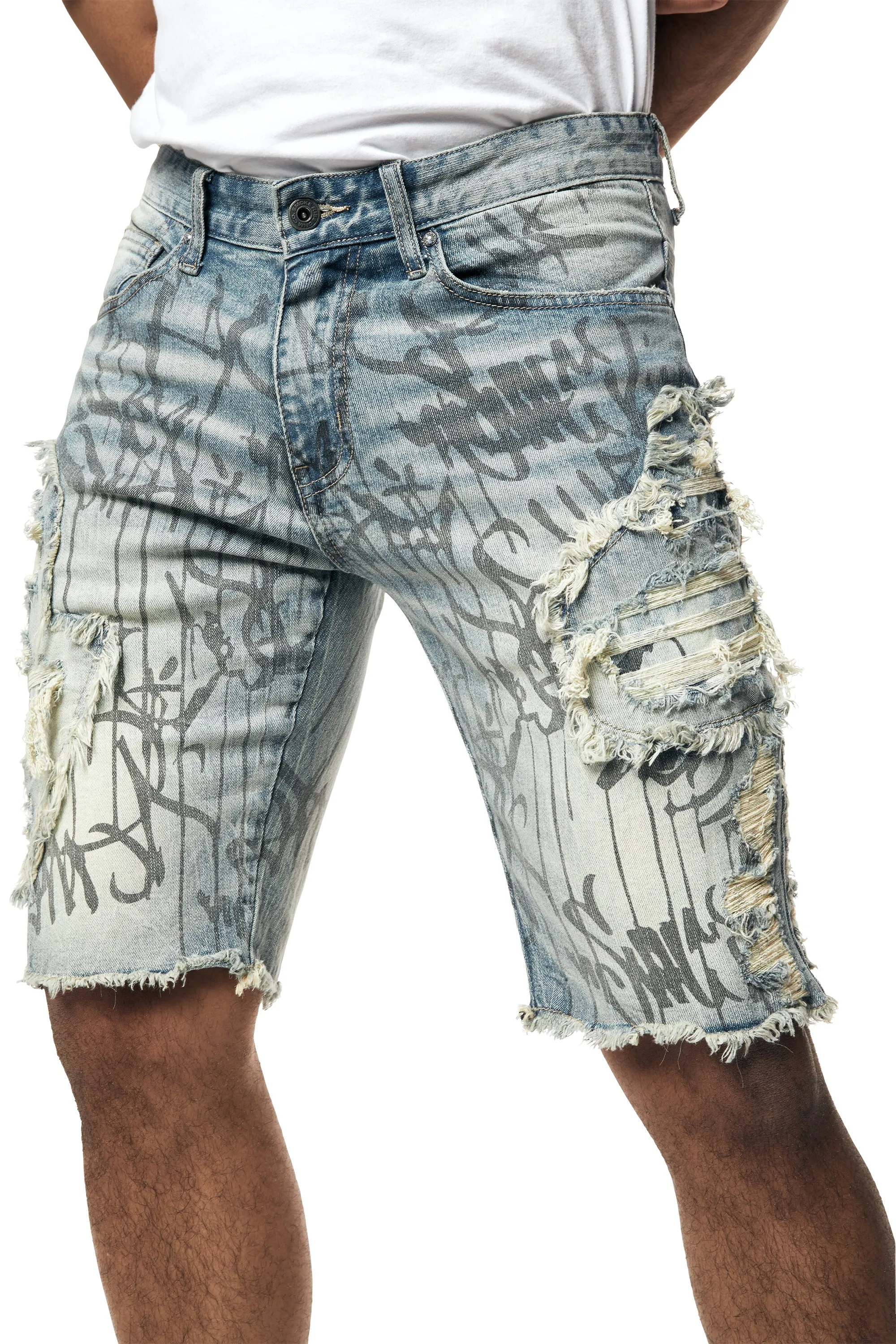 Heavy Rip & Repair Doodle Jean Shorts - Julien Blue