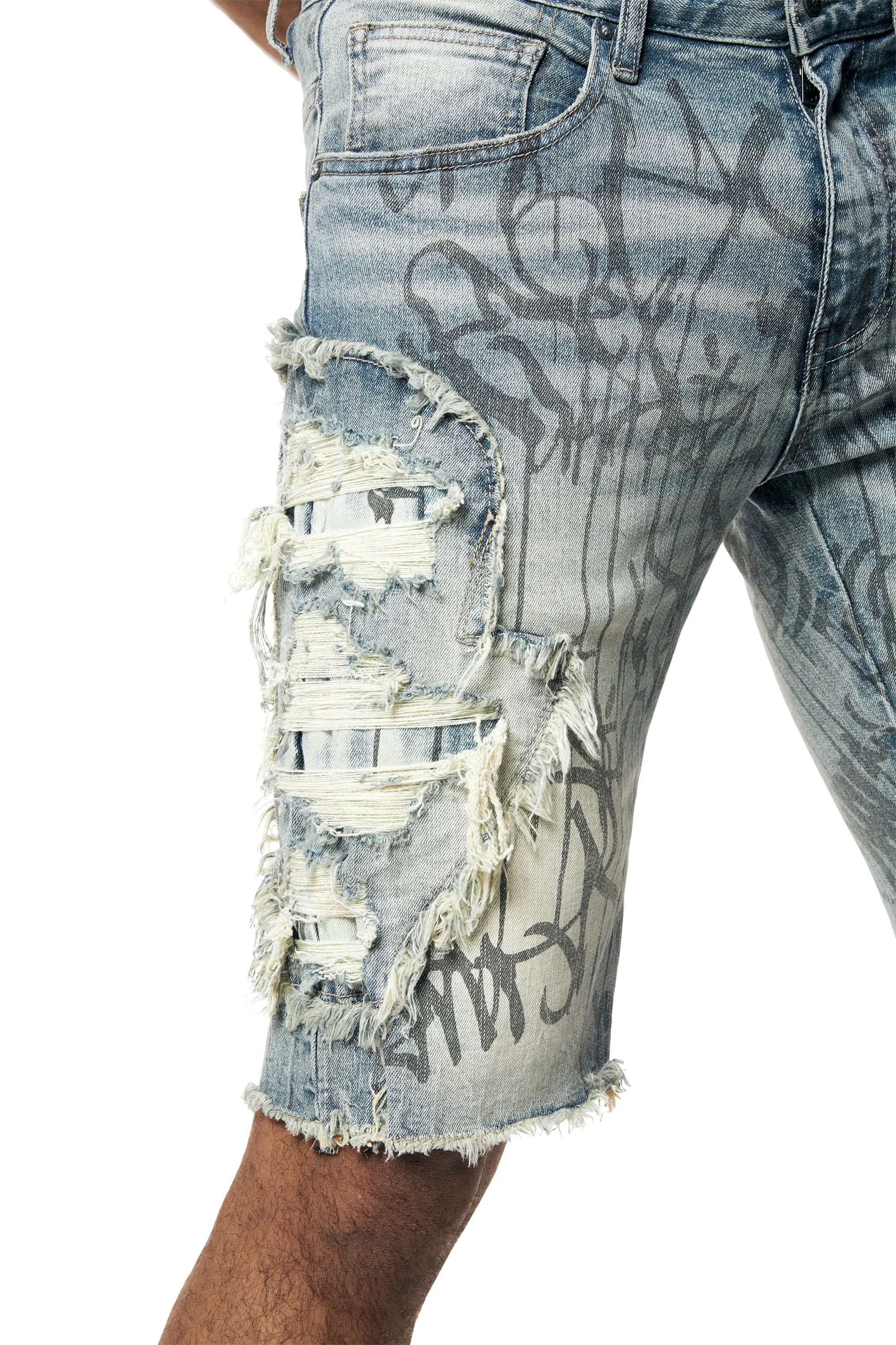 Heavy Rip & Repair Doodle Jean Shorts - Julien Blue