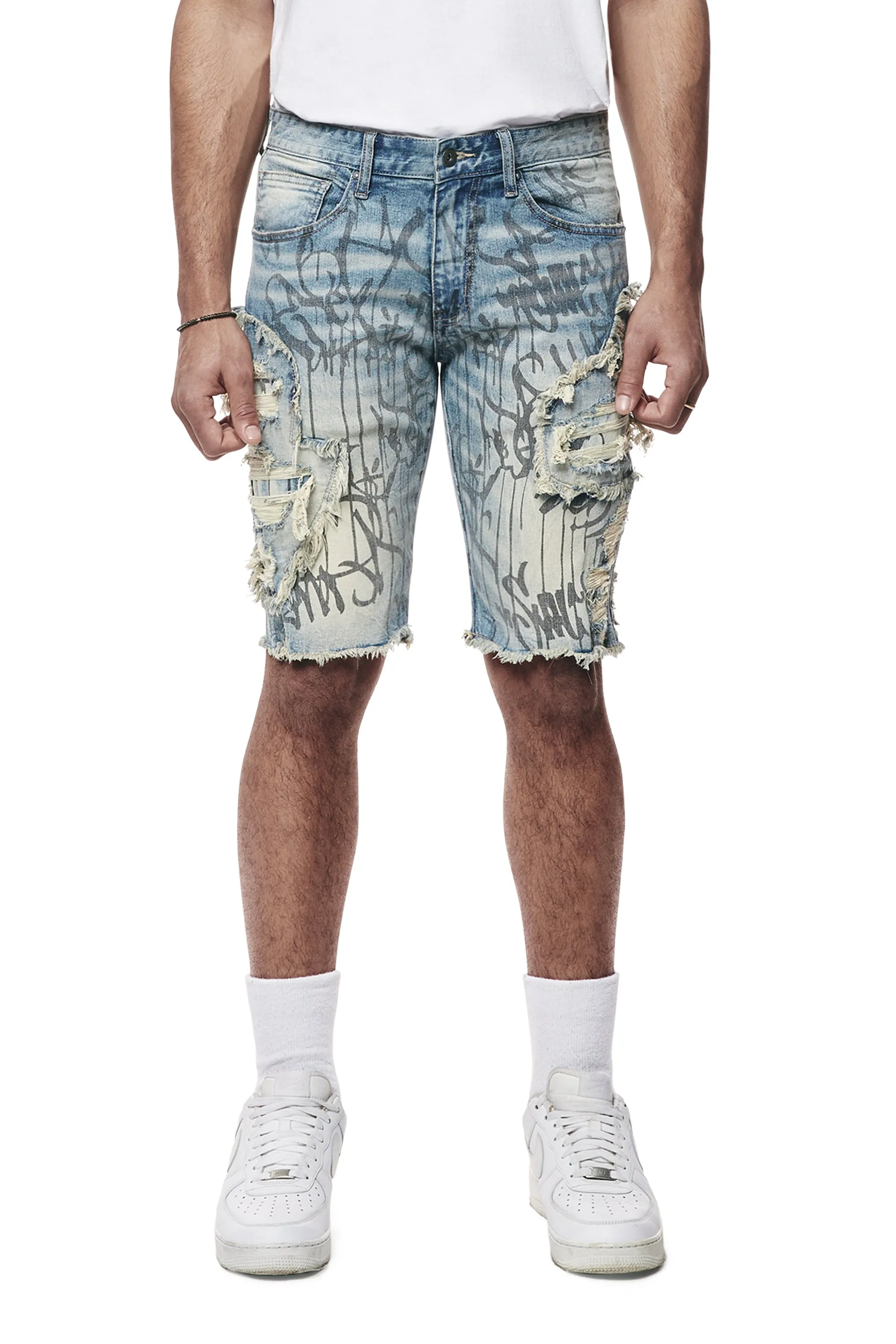 Heavy Rip & Repair Doodle Jean Shorts - Julien Blue