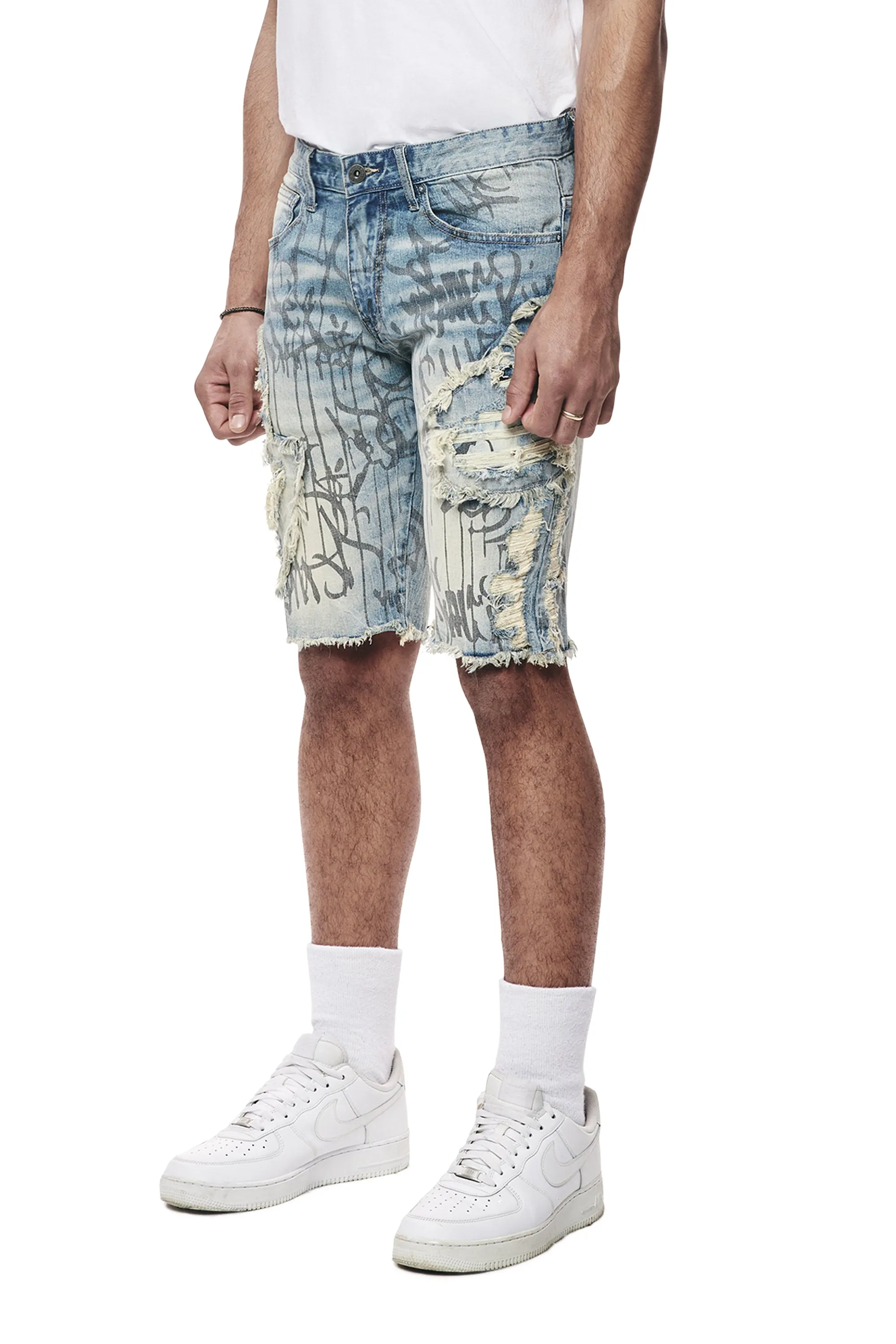 Heavy Rip & Repair Doodle Jean Shorts - Julien Blue