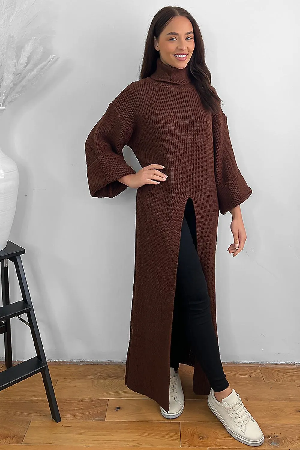 High Neck Front Split Maxi Pullover