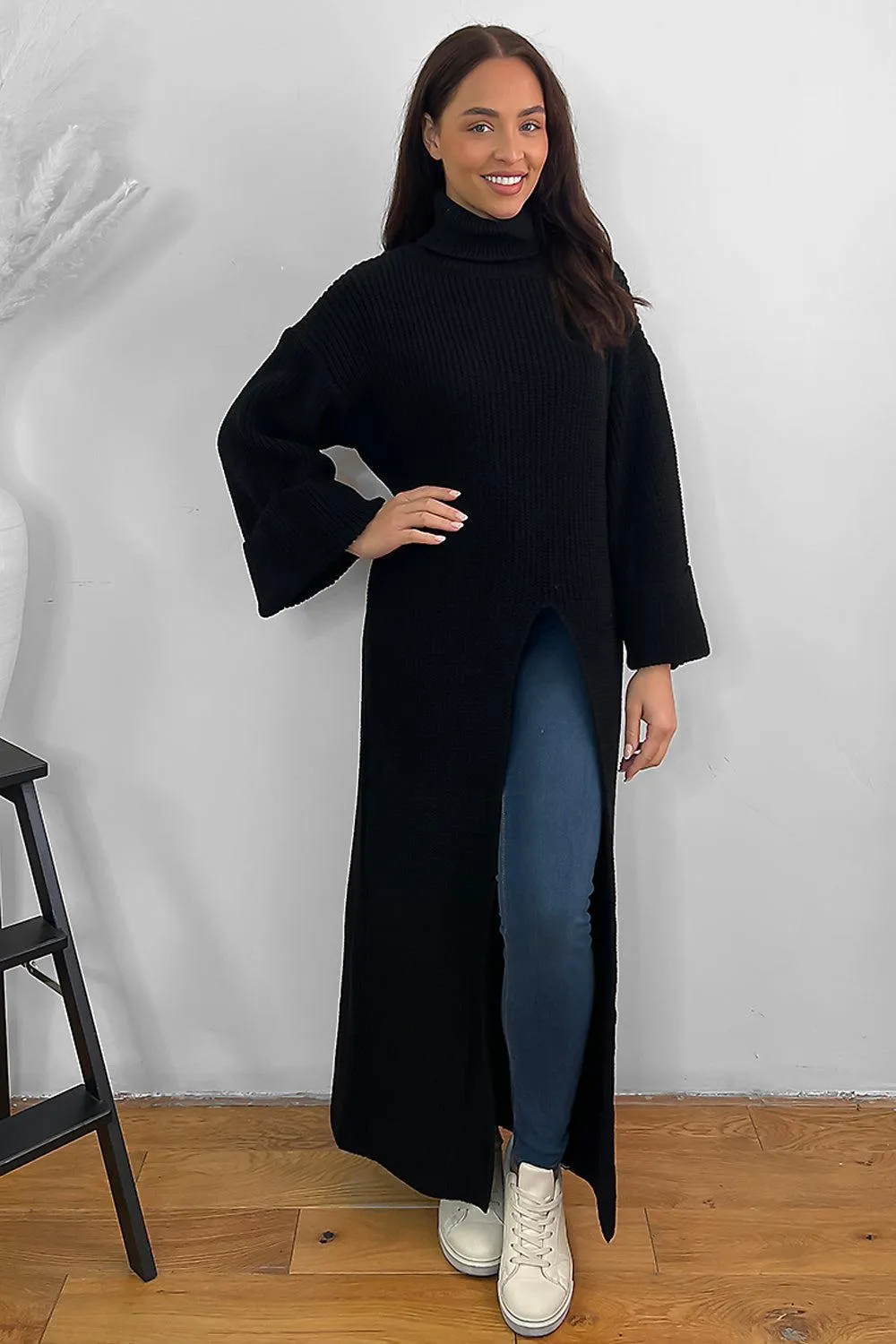 High Neck Front Split Maxi Pullover