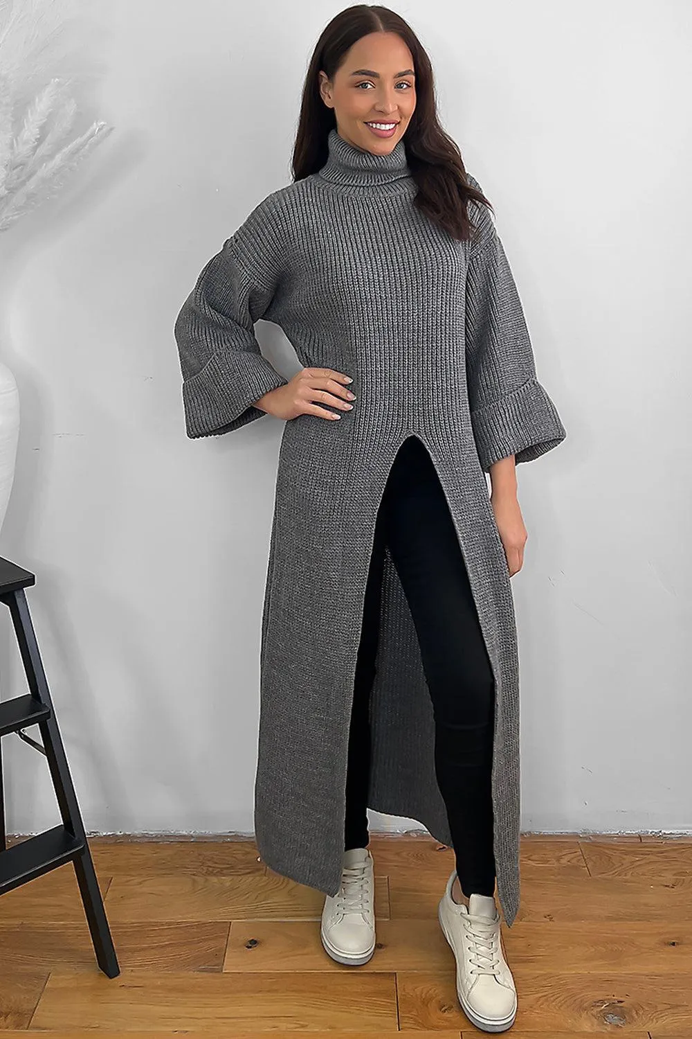 High Neck Front Split Maxi Pullover