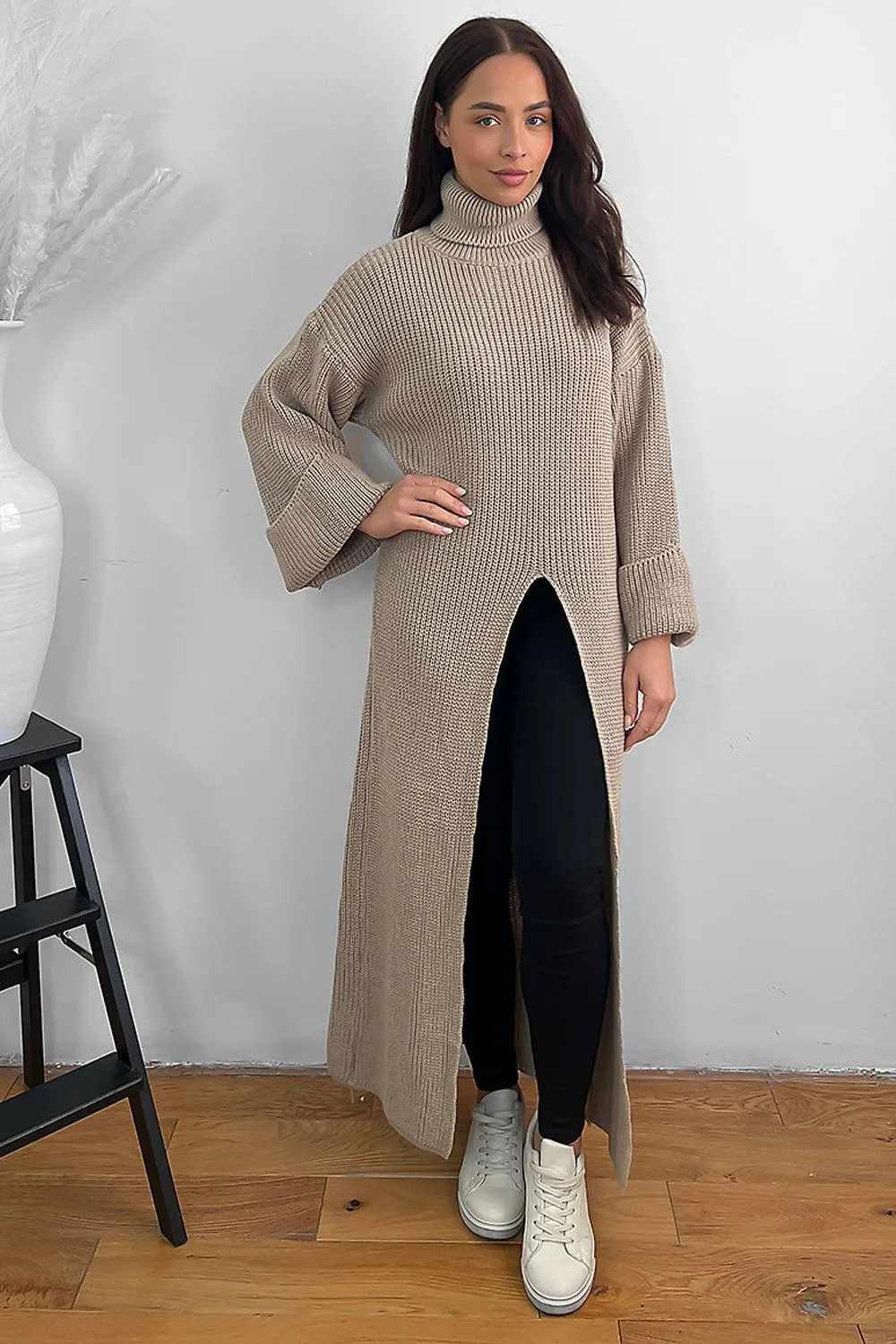 High Neck Front Split Maxi Pullover