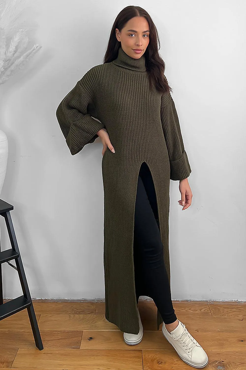 High Neck Front Split Maxi Pullover