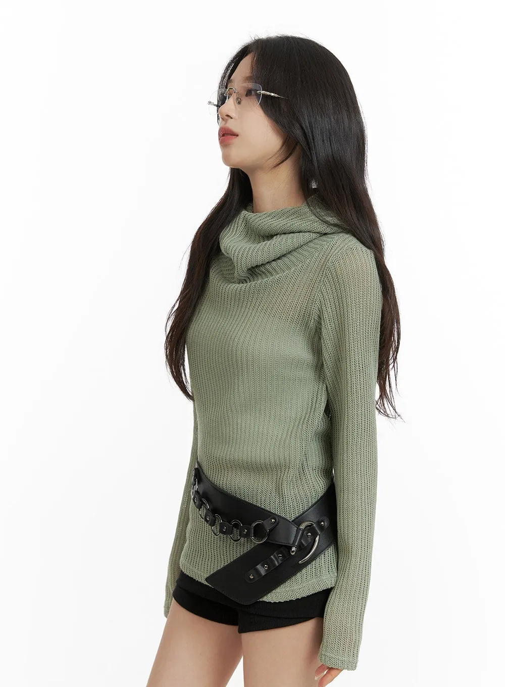 High Neck Hooded Pullover with Drawstring - CM426