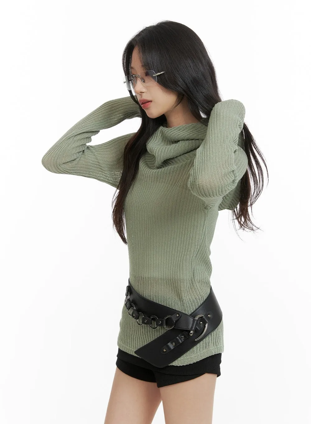 High Neck Hooded Pullover with Drawstring - CM426