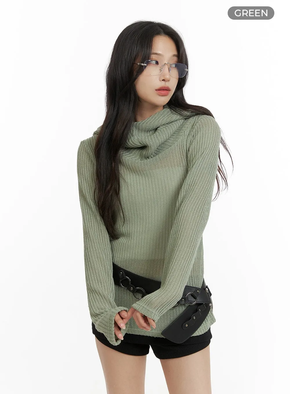 High Neck Hooded Pullover with Drawstring - CM426