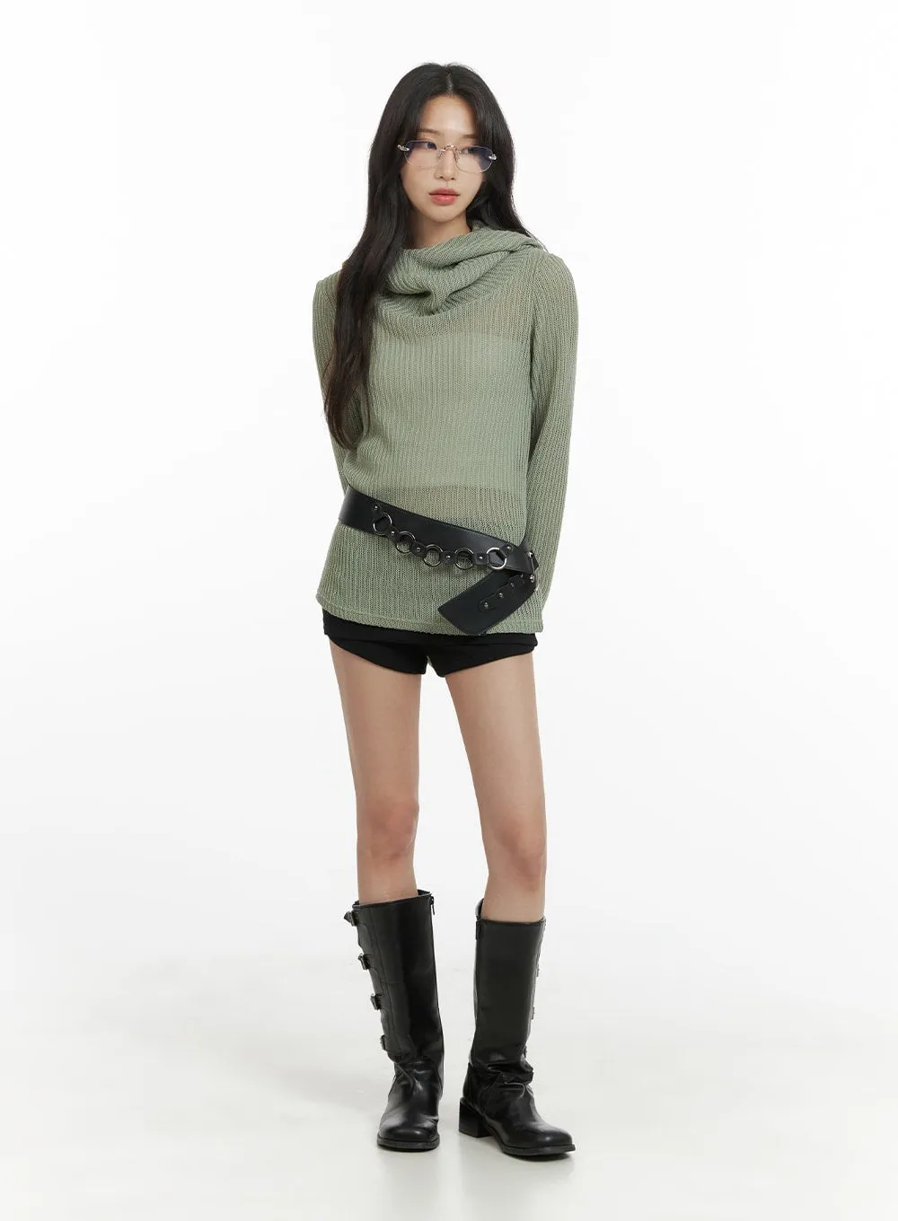 High Neck Hooded Pullover with Drawstring - CM426