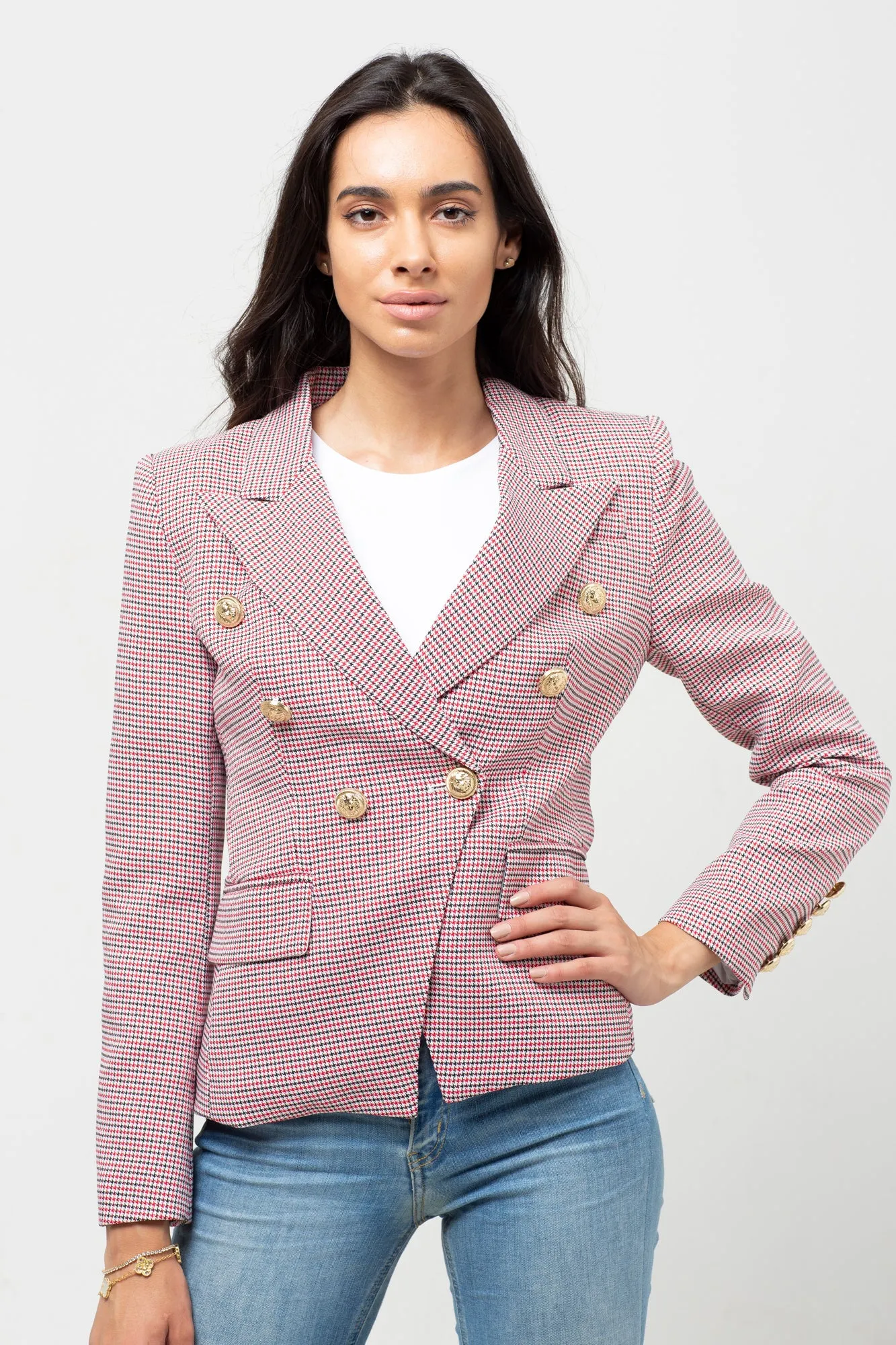 HOUNDSTOOTH RED/BLACK MIX GOLD BUTTON BLAZER