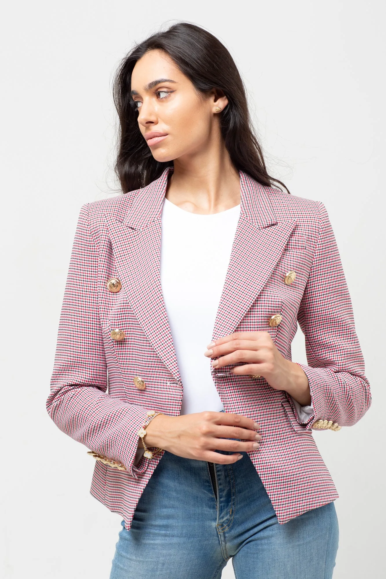 HOUNDSTOOTH RED/BLACK MIX GOLD BUTTON BLAZER