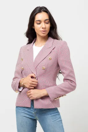 HOUNDSTOOTH RED/BLACK MIX GOLD BUTTON BLAZER