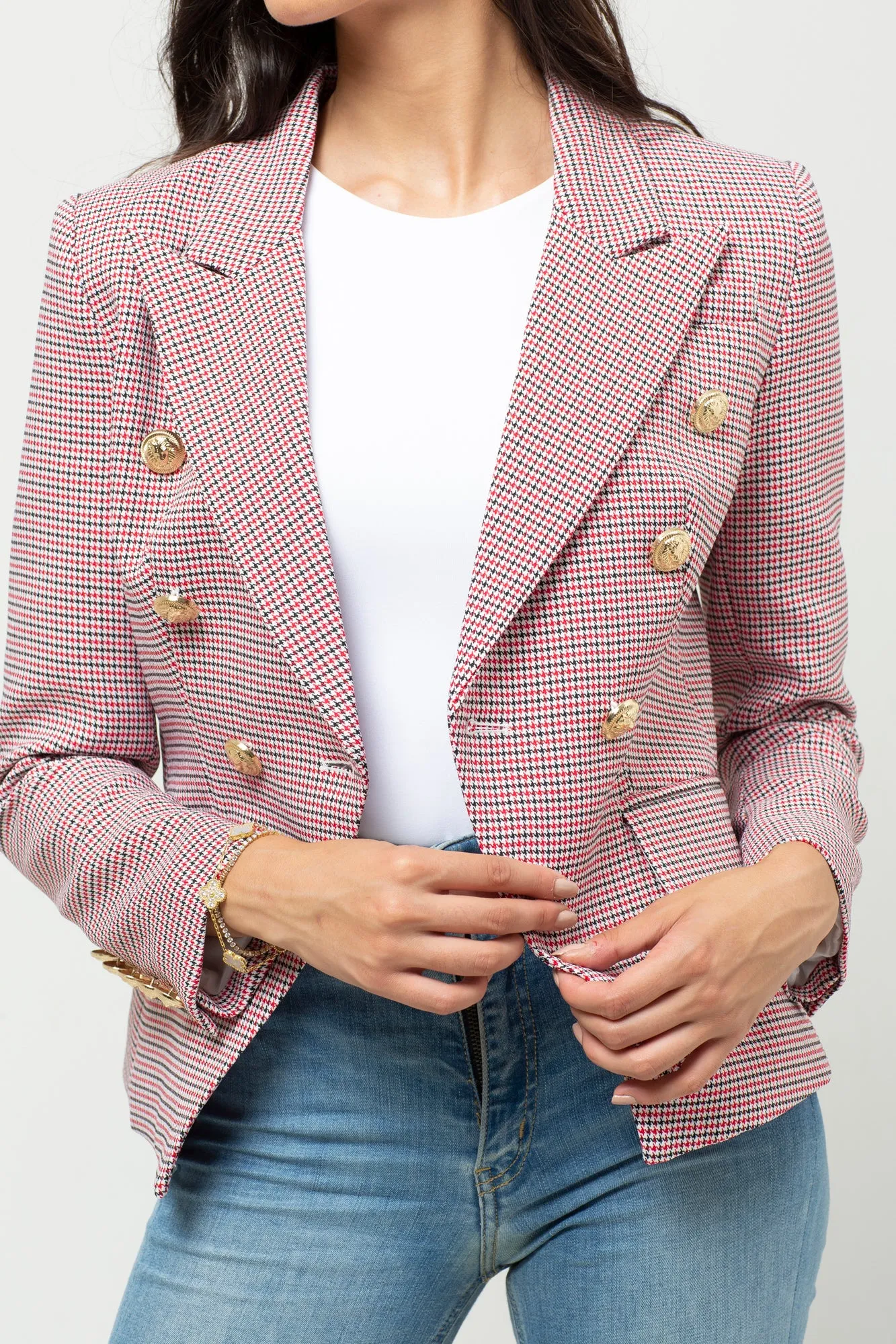 HOUNDSTOOTH RED/BLACK MIX GOLD BUTTON BLAZER