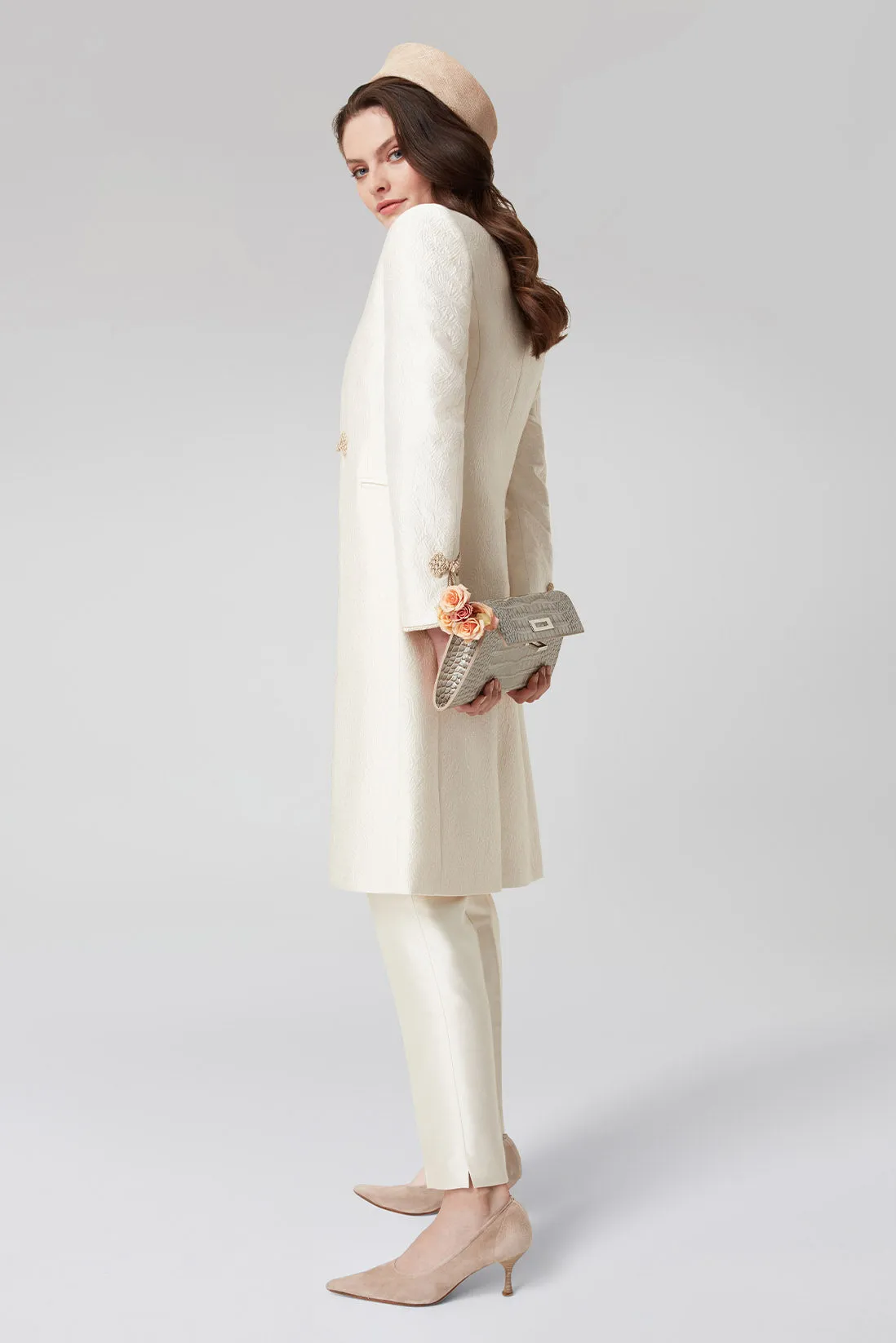 Ivory Dress Coat in Summer Brocade with Cord Trim and Frogging - Vicky