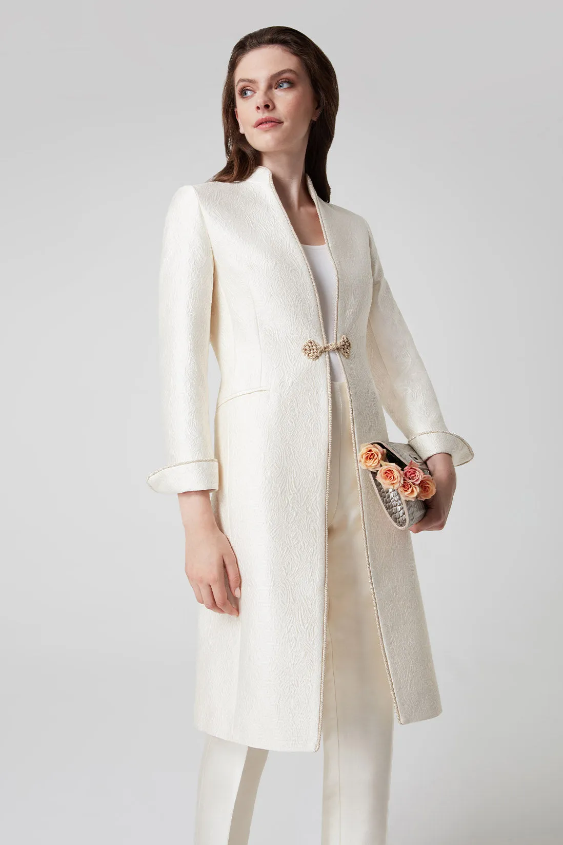 Ivory Dress Coat in Summer Brocade with Cord Trim and Frogging - Vicky