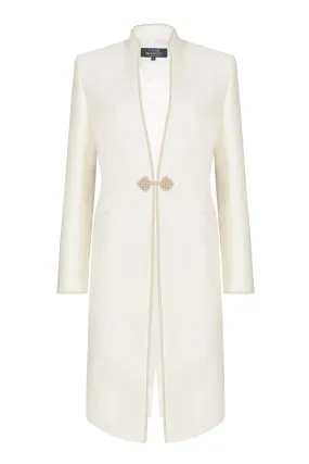 Ivory Dress Coat in Summer Brocade with Cord Trim and Frogging - Vicky