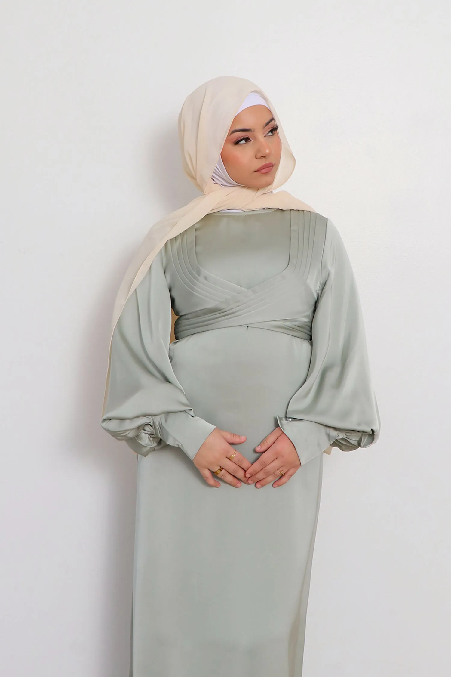 Laura Wrap Satin Dress- Sage