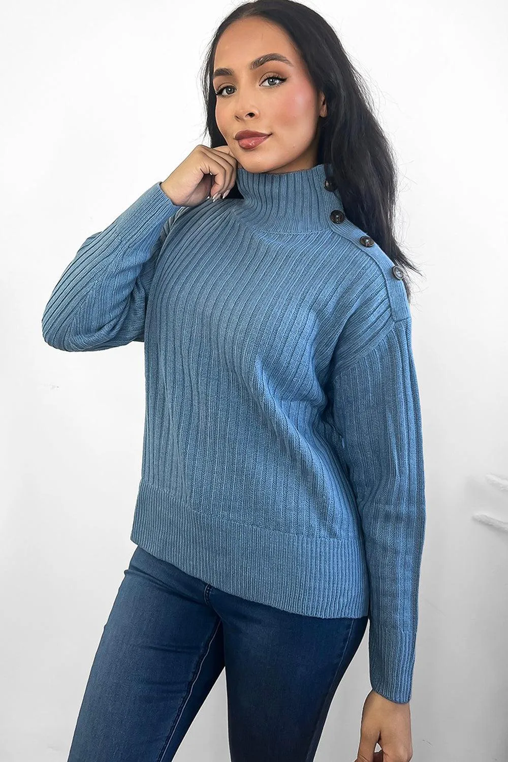 Ribbed Knit Buttoned High Neck Pullover