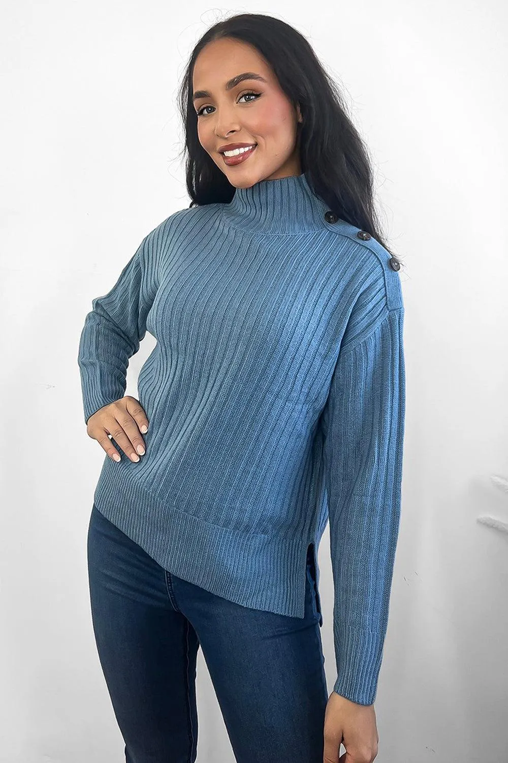 Ribbed Knit Buttoned High Neck Pullover