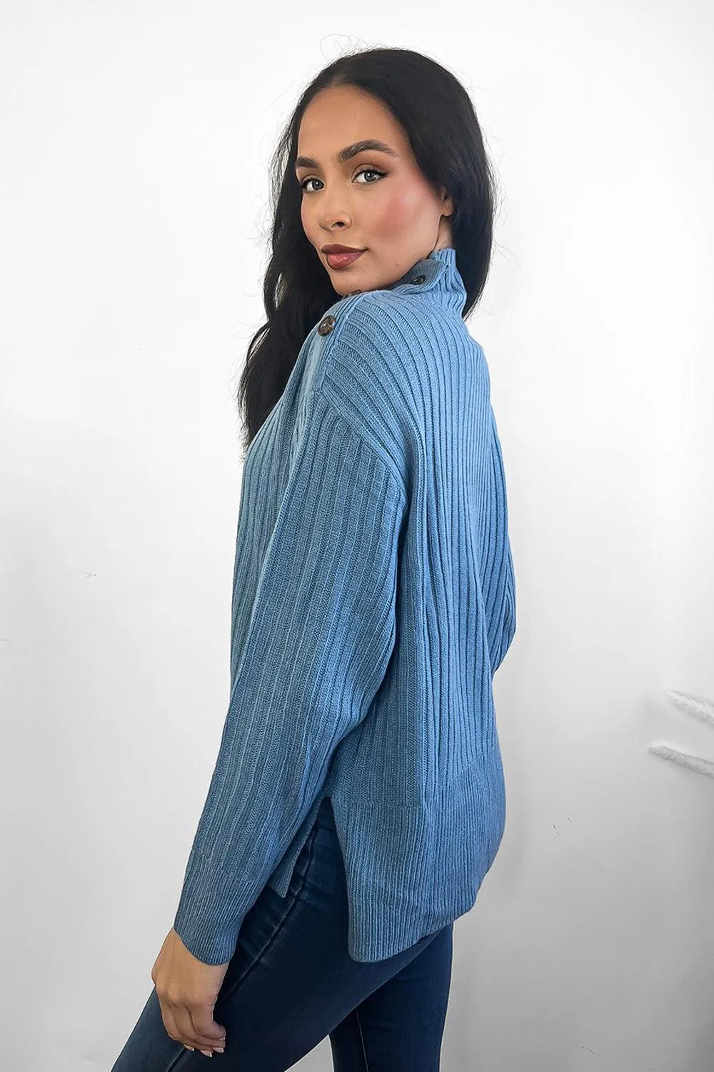 Ribbed Knit Buttoned High Neck Pullover