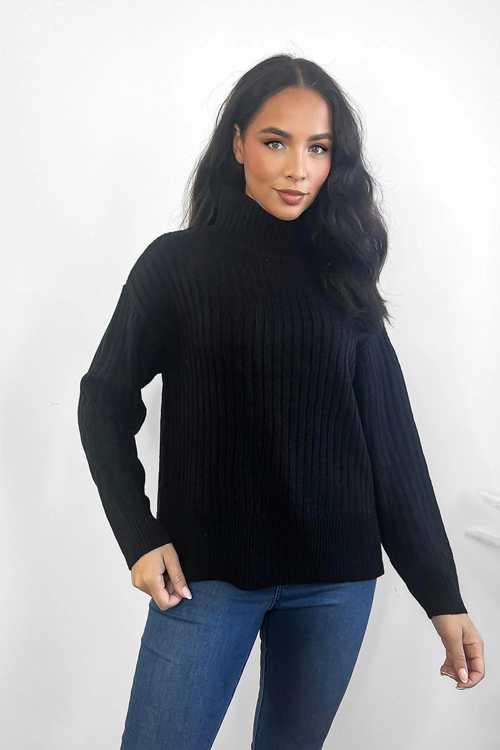 Ribbed Knit Buttoned High Neck Pullover