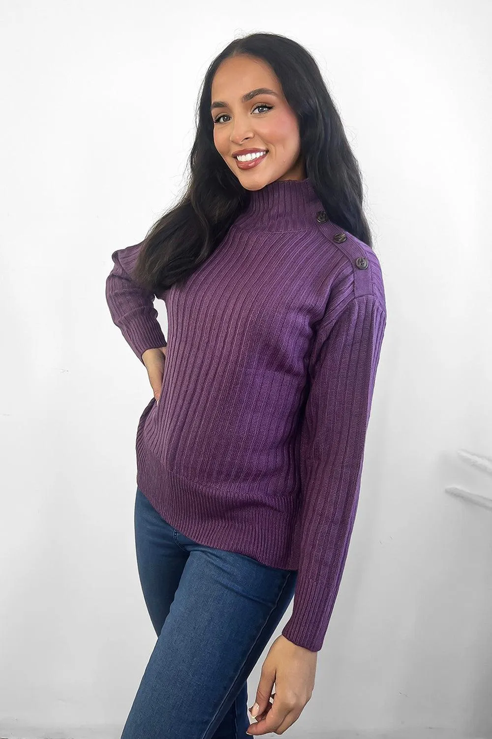 Ribbed Knit Buttoned High Neck Pullover