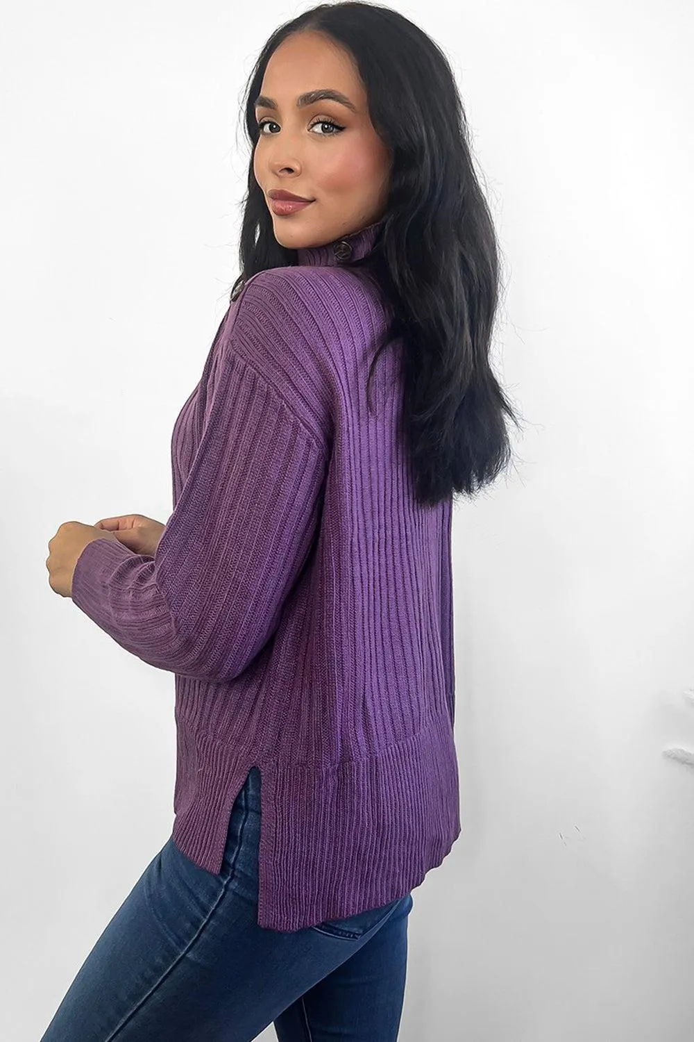 Ribbed Knit Buttoned High Neck Pullover