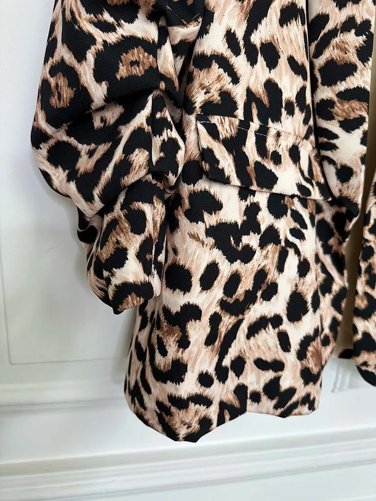 Ruched Sleeve Lined Boyfriend Blazer - Leopard