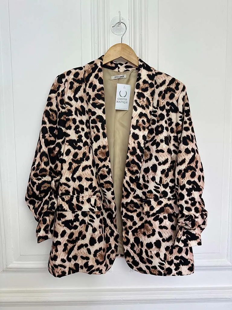 Ruched Sleeve Lined Boyfriend Blazer - Leopard