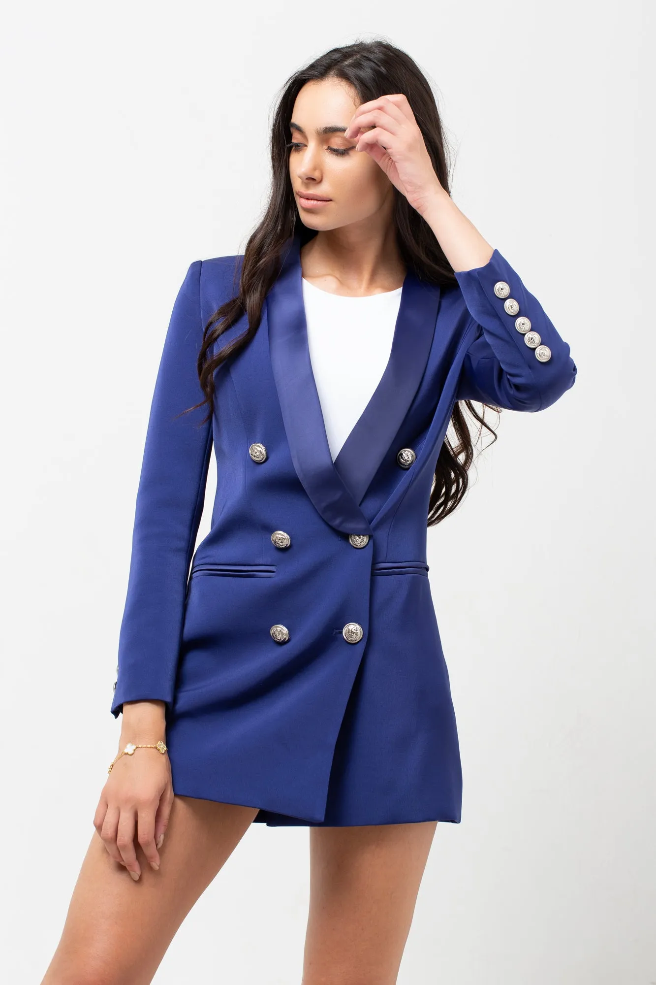 Elegant Navy Blazer Dress with Satin Collar and Silver Buttons