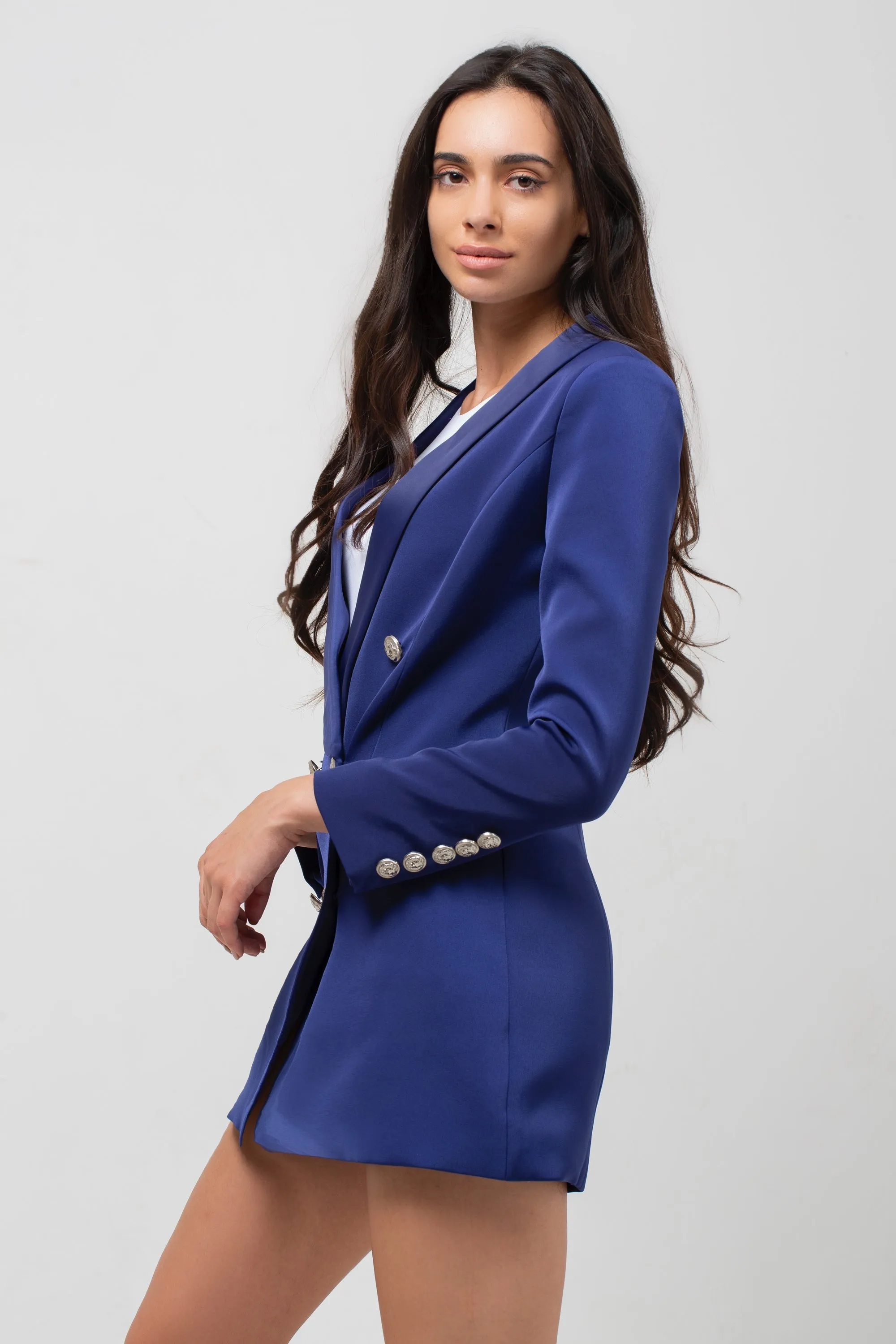 Elegant Navy Blazer Dress with Satin Collar and Silver Buttons