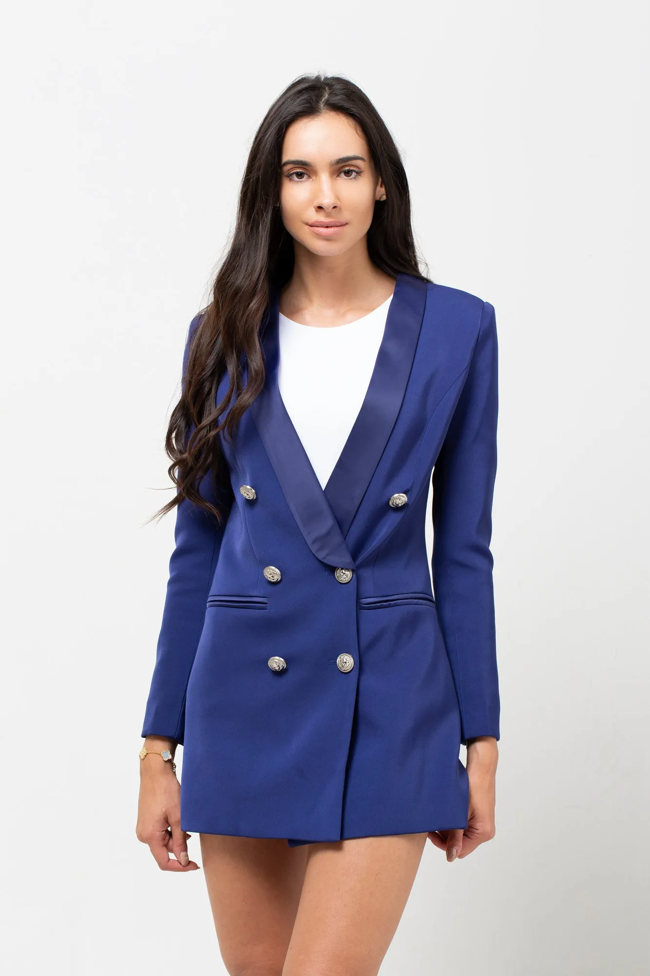 Elegant Navy Blazer Dress with Satin Collar and Silver Buttons