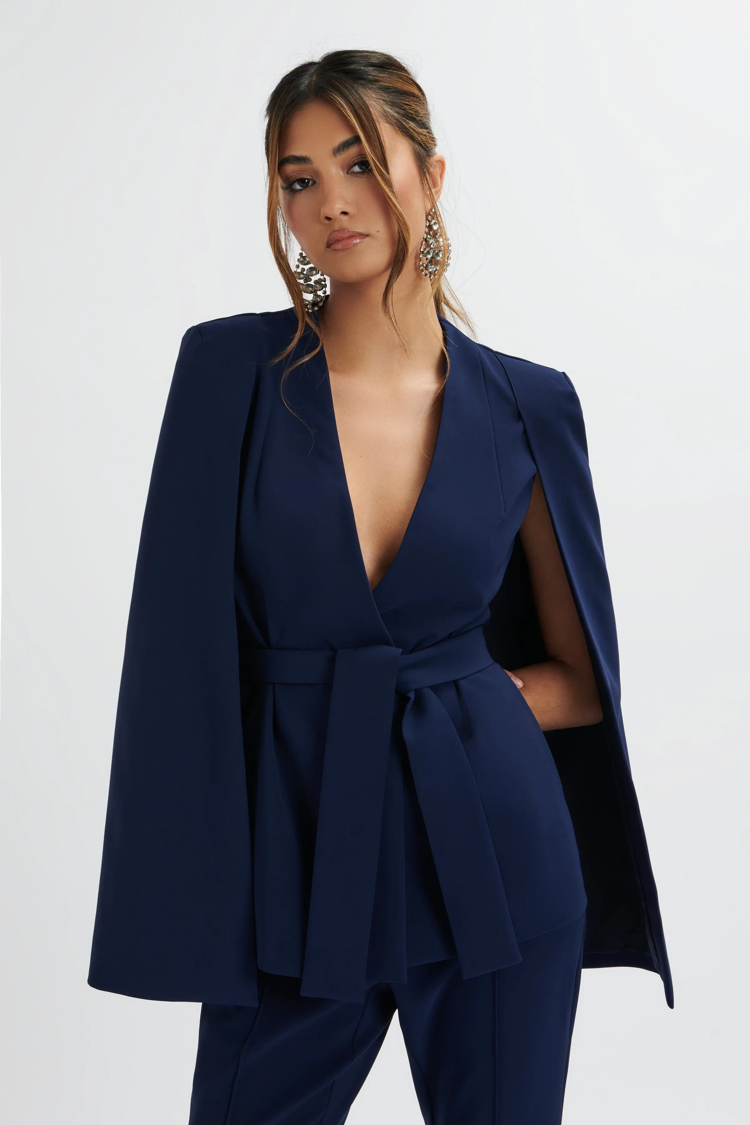 SKYE Belted Cape Blazer In Navy