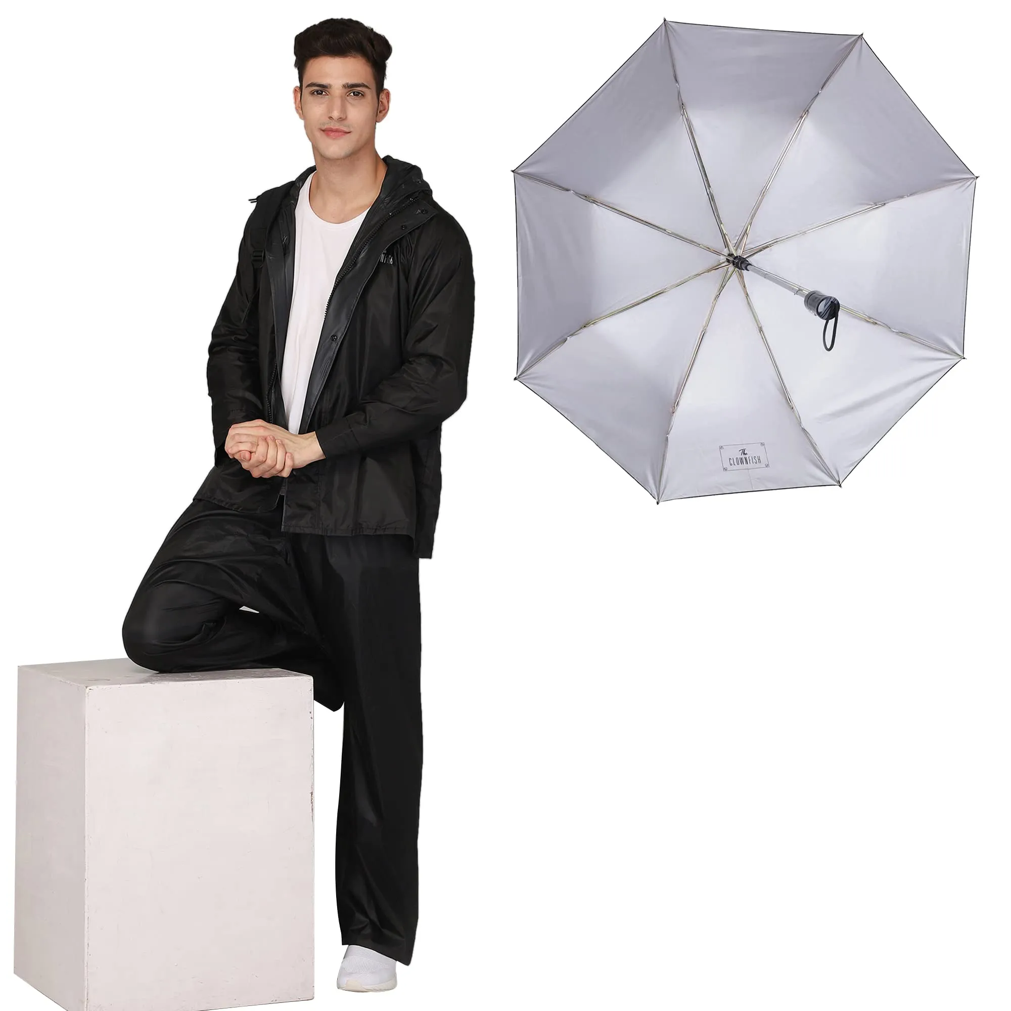 THE CLOWNFISH Combo Of Rain Coat for Men Waterproof Polyester (Black 3XL) Umbrella 3 Fold Waterproof Pongee (Checks Design- Dark Pink)