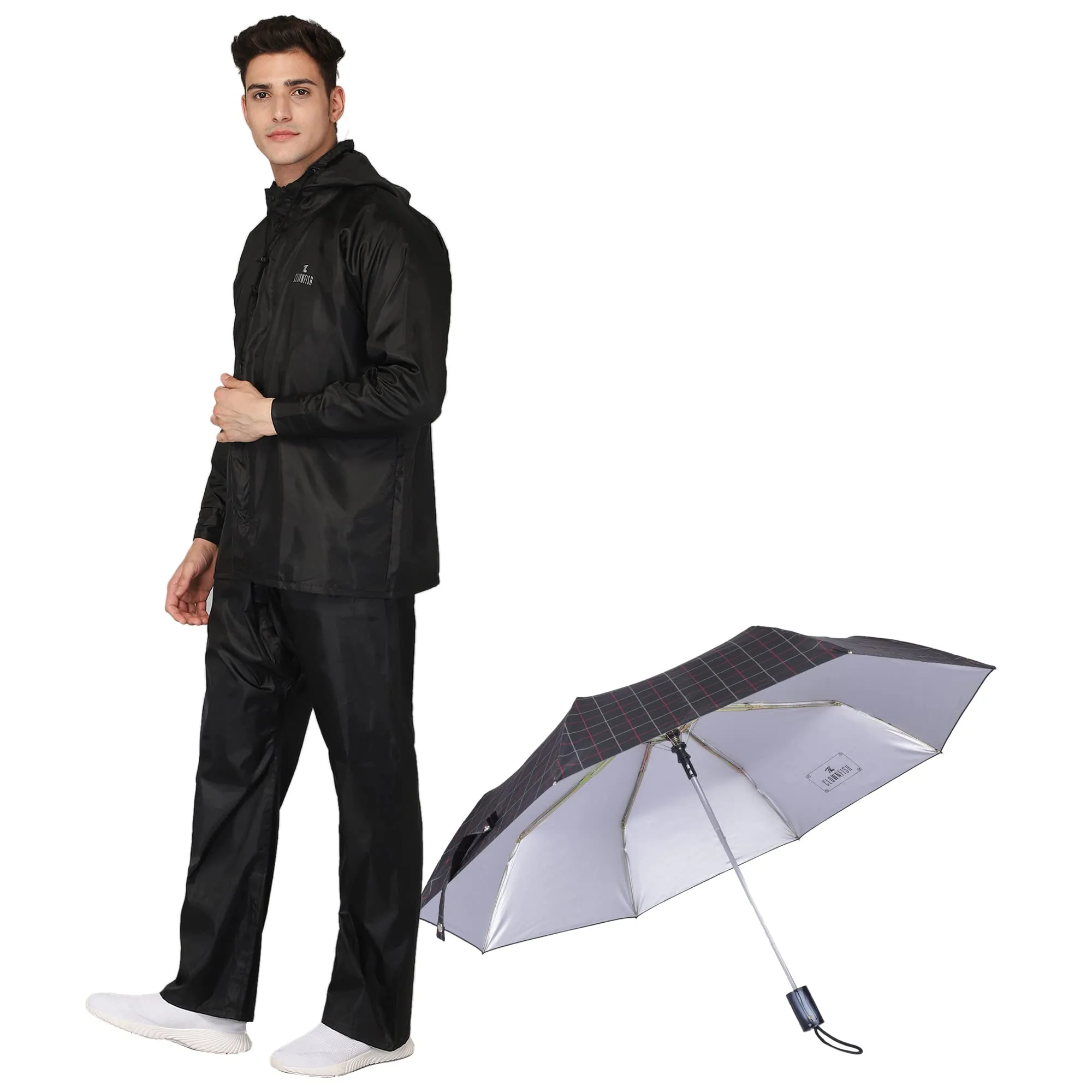 THE CLOWNFISH Combo Of Rain Coat for Men Waterproof Polyester (Black 4XL) Umbrella 3 Fold Waterproof Pongee (Checks Design- Dark Pink)